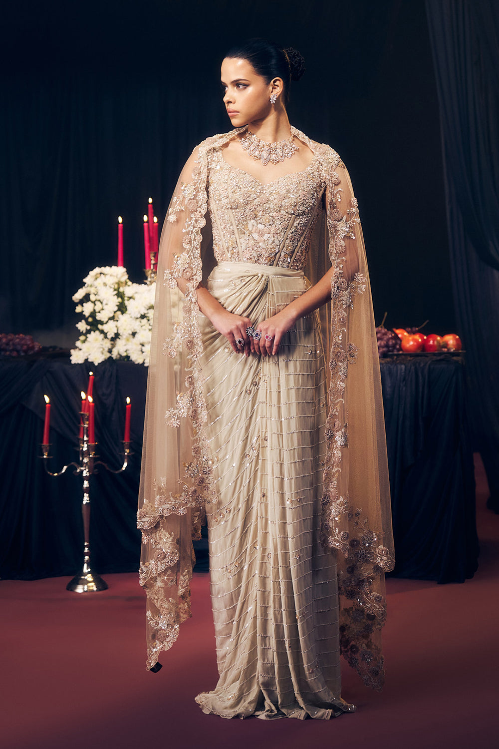 Nude/ Light Gold Drape Skirt Set