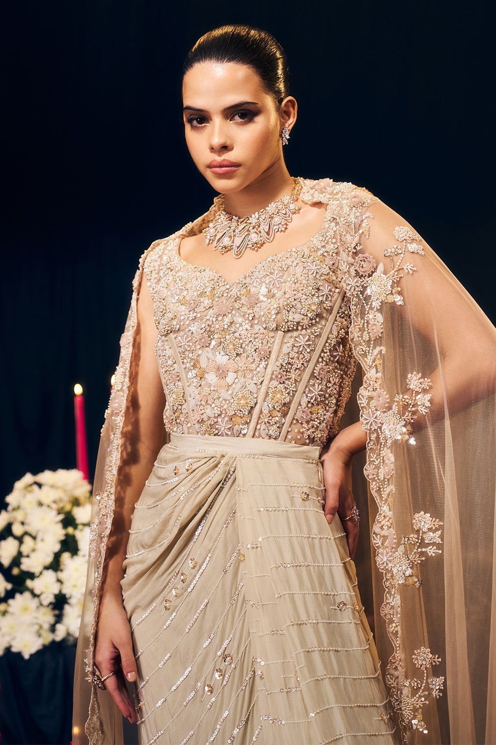 Nude/ Light Gold Drape Skirt Set