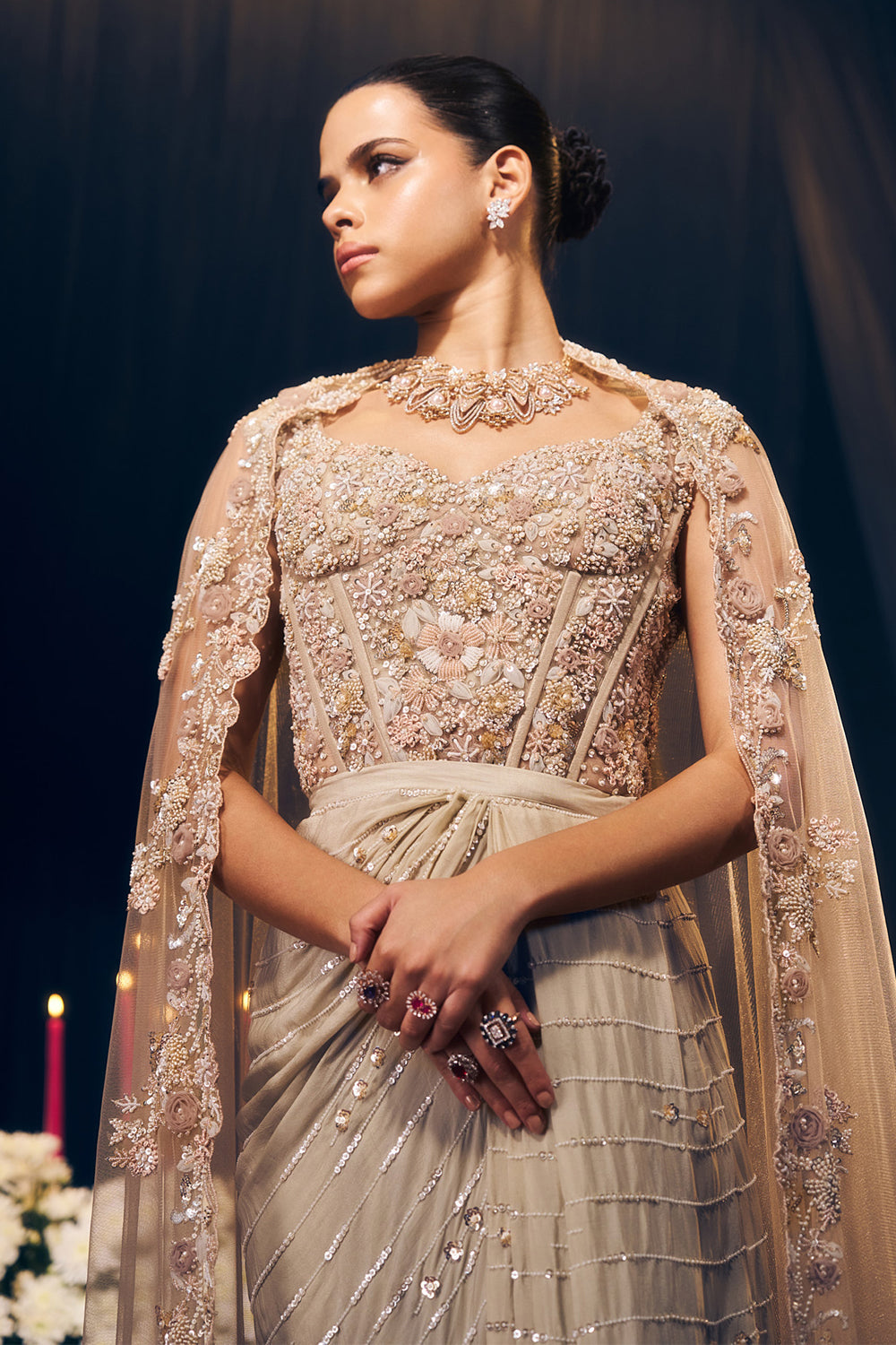 Nude/ Light Gold Drape Skirt Set