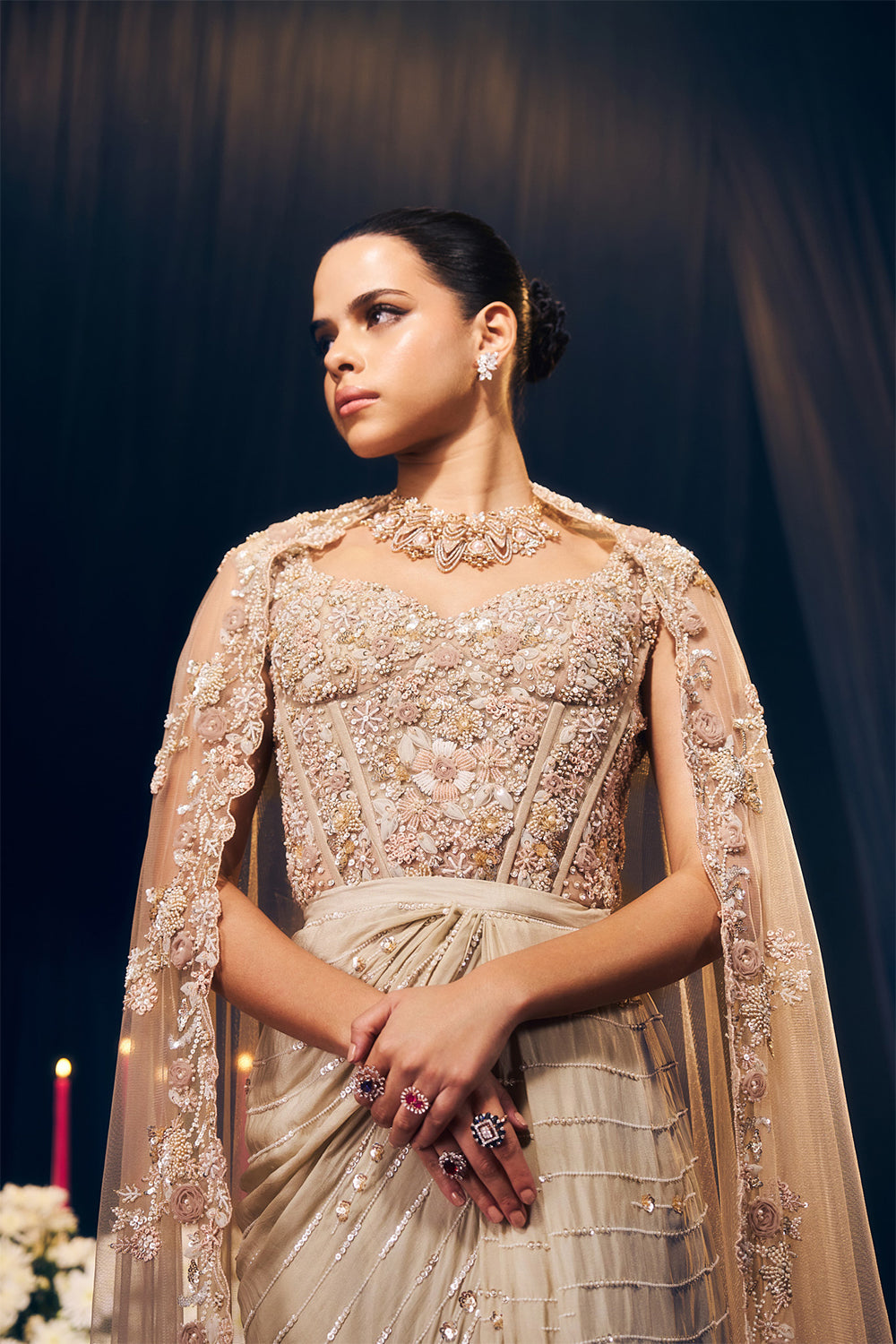 Nude/ Light Gold Drape Skirt Set