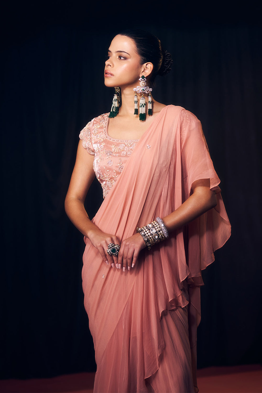 Pastel Pink Pre Drape Saree Set