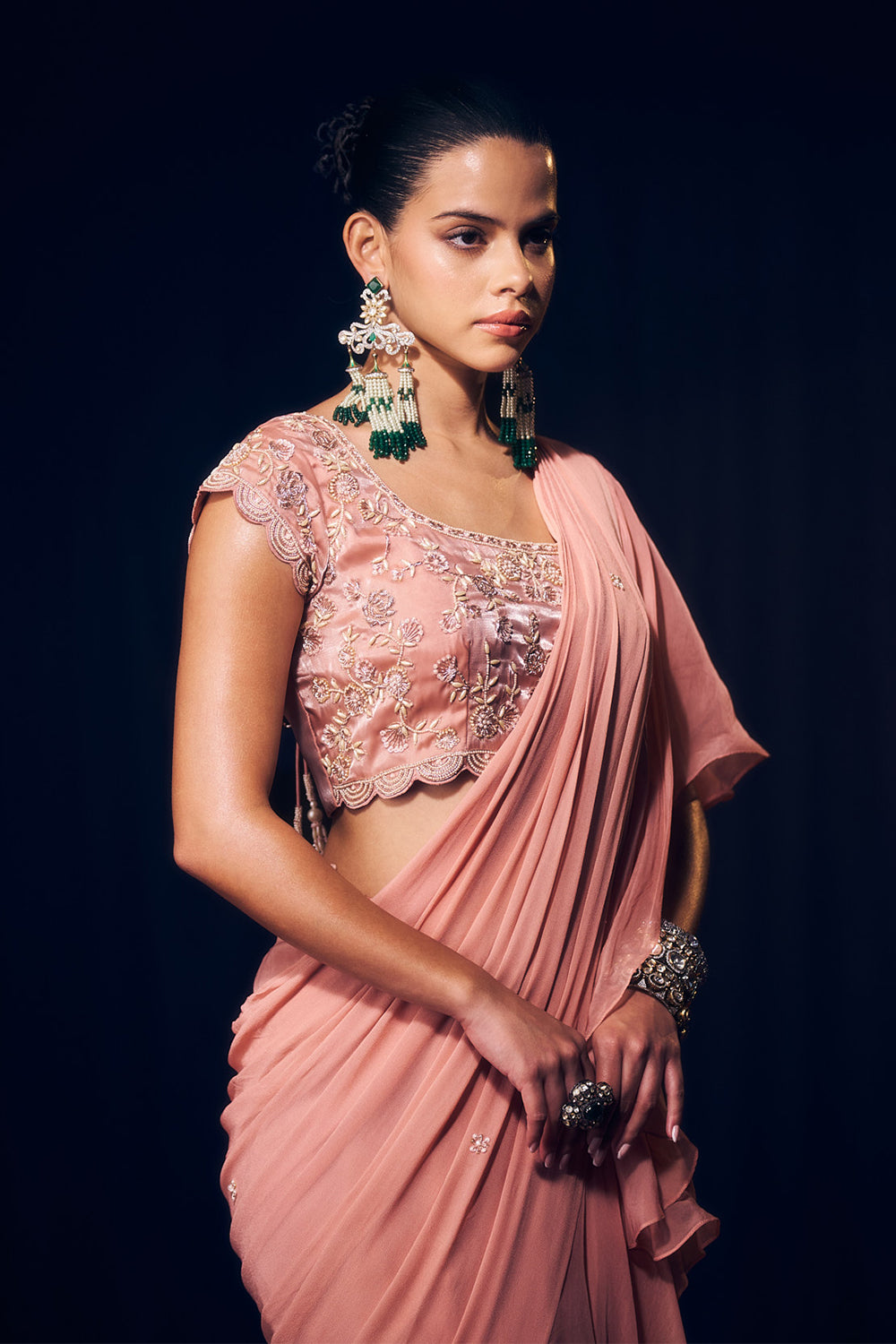 Pastel Pink Pre Drape Saree Set