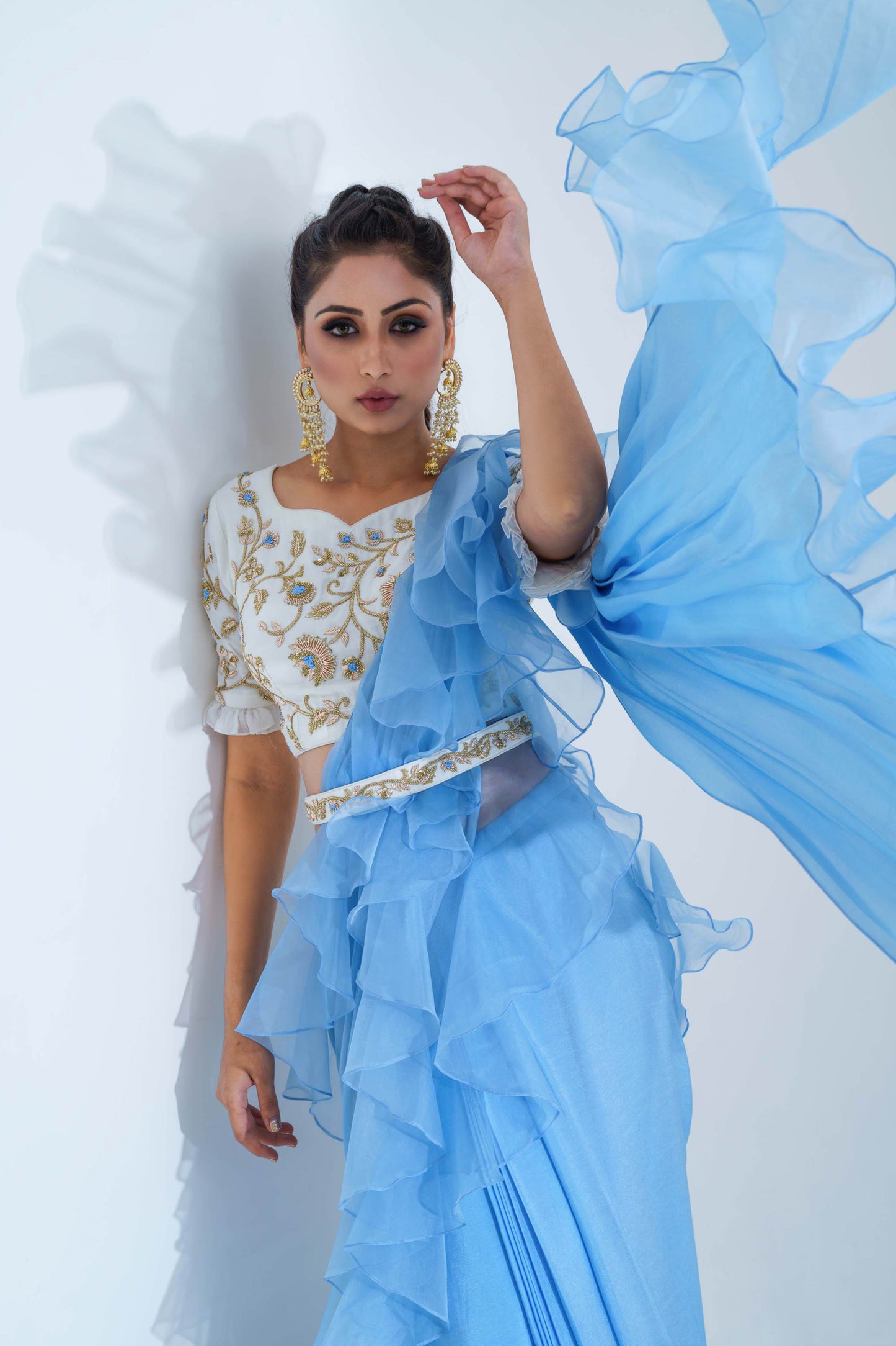 Powder Blue Ruffled Pre-Draped Saree Set