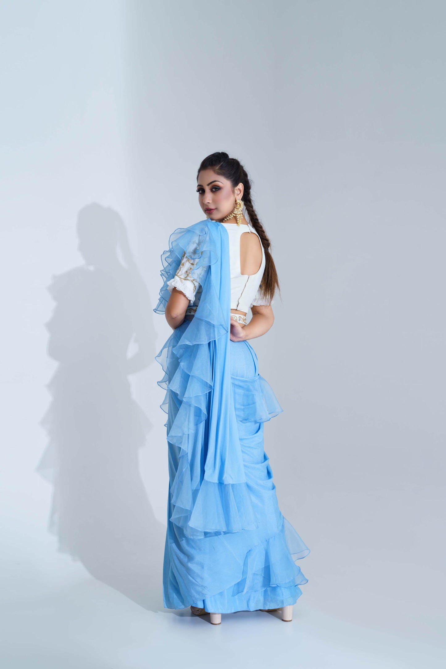 Powder Blue Ruffled Pre-Draped Saree Set