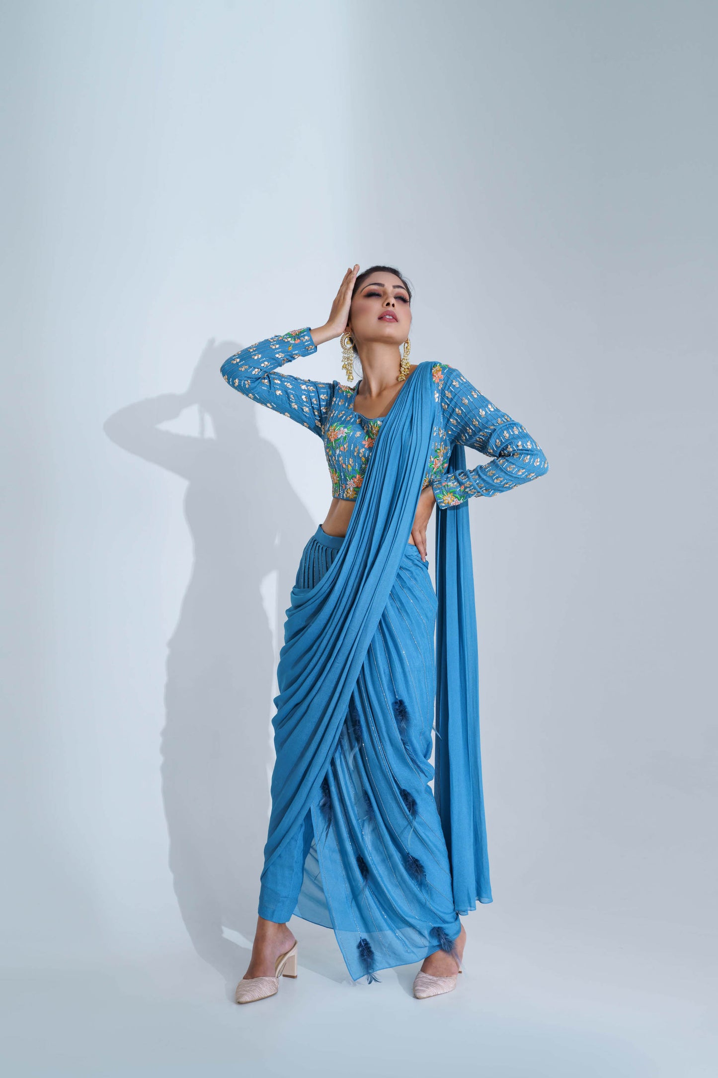 Curious Blue Georgette Crepe Pant Saree Set