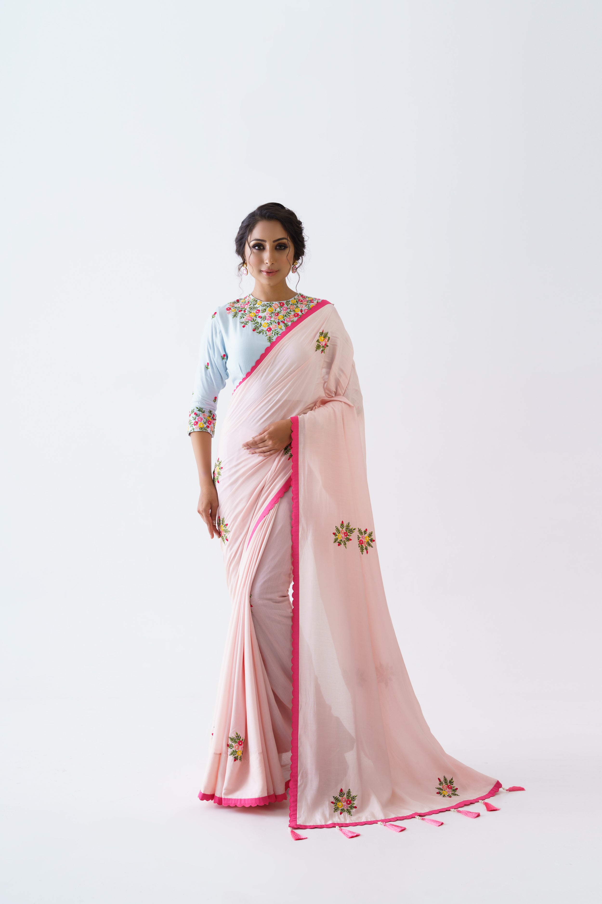 Pink floral thread saree