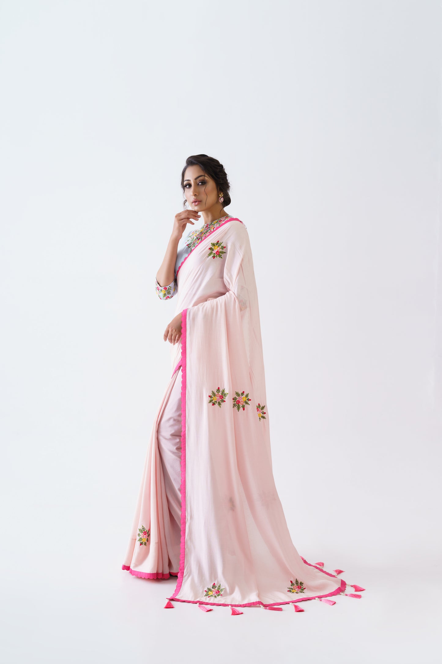 Pink floral thread saree