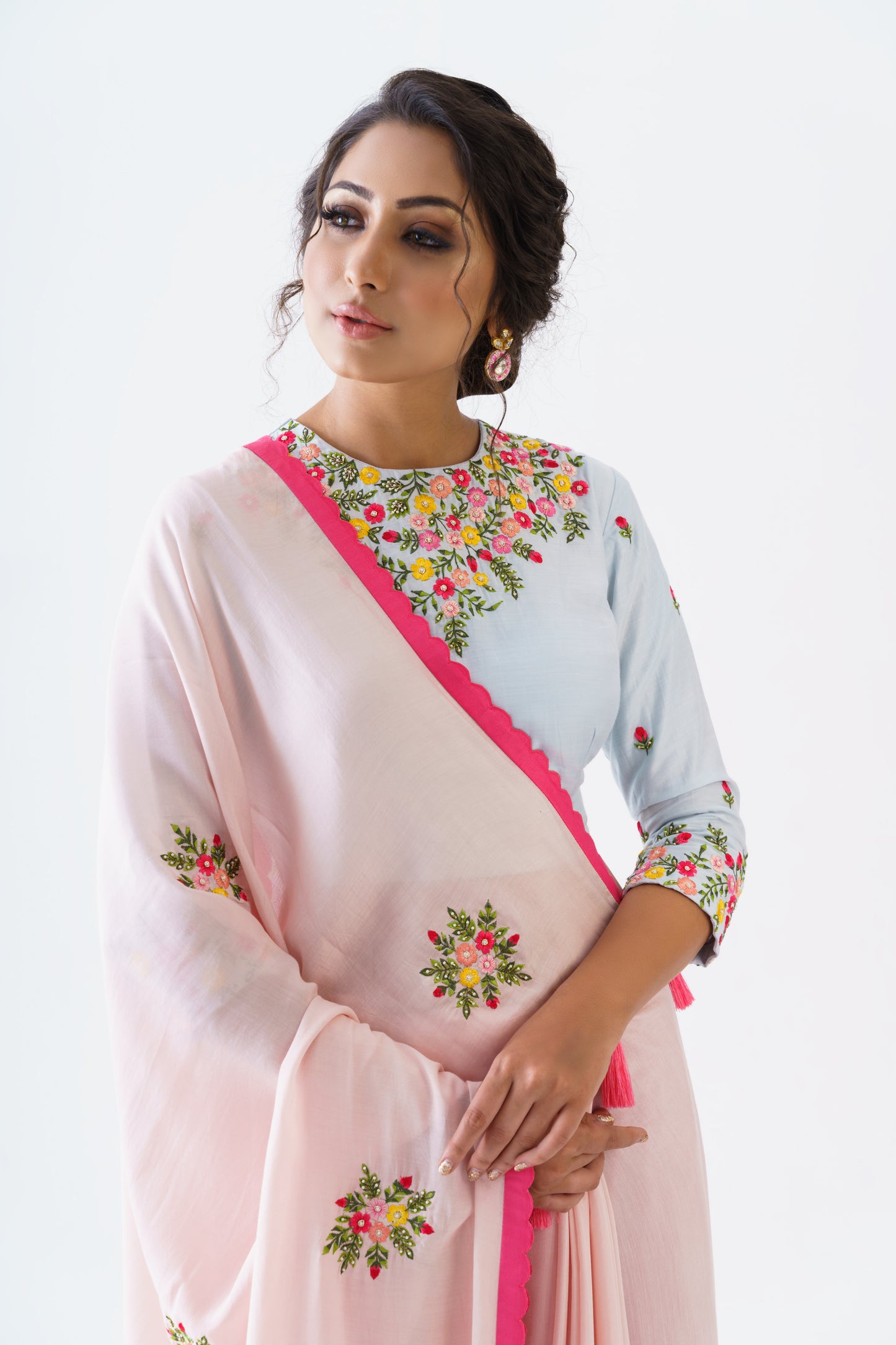 Pink floral thread saree