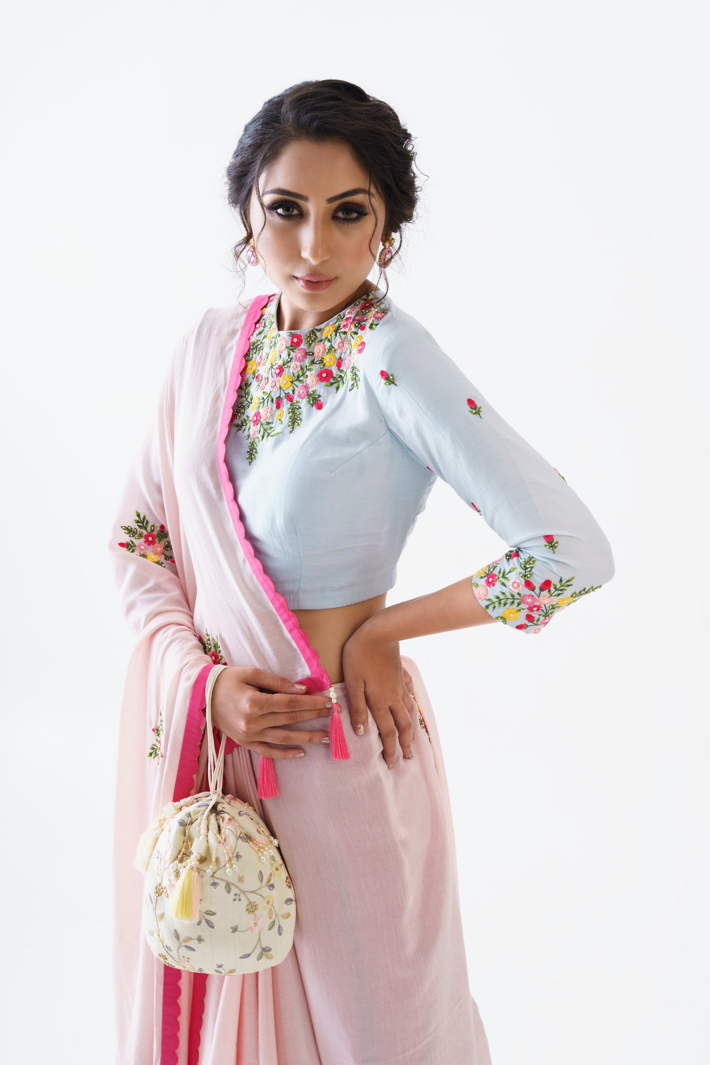 Pink floral thread saree