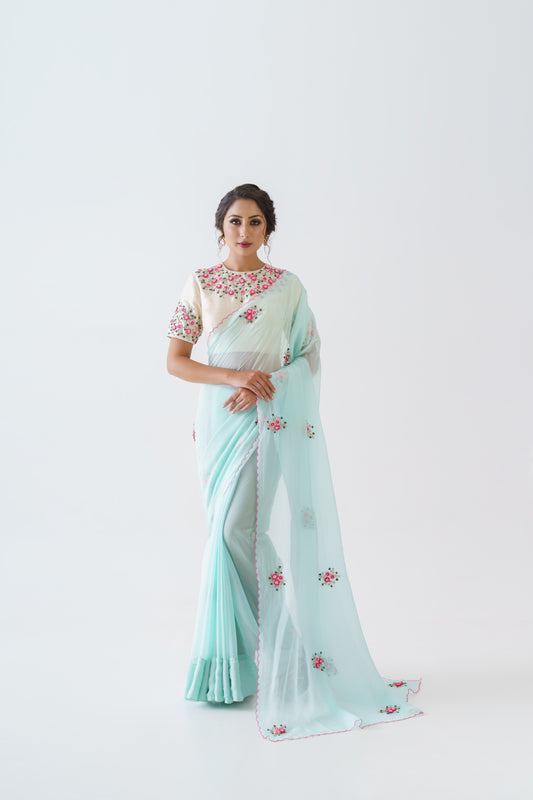 Blue organza saree