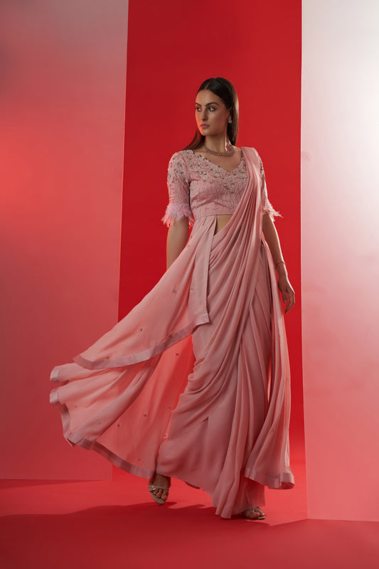 Pink pre drape jacket saree