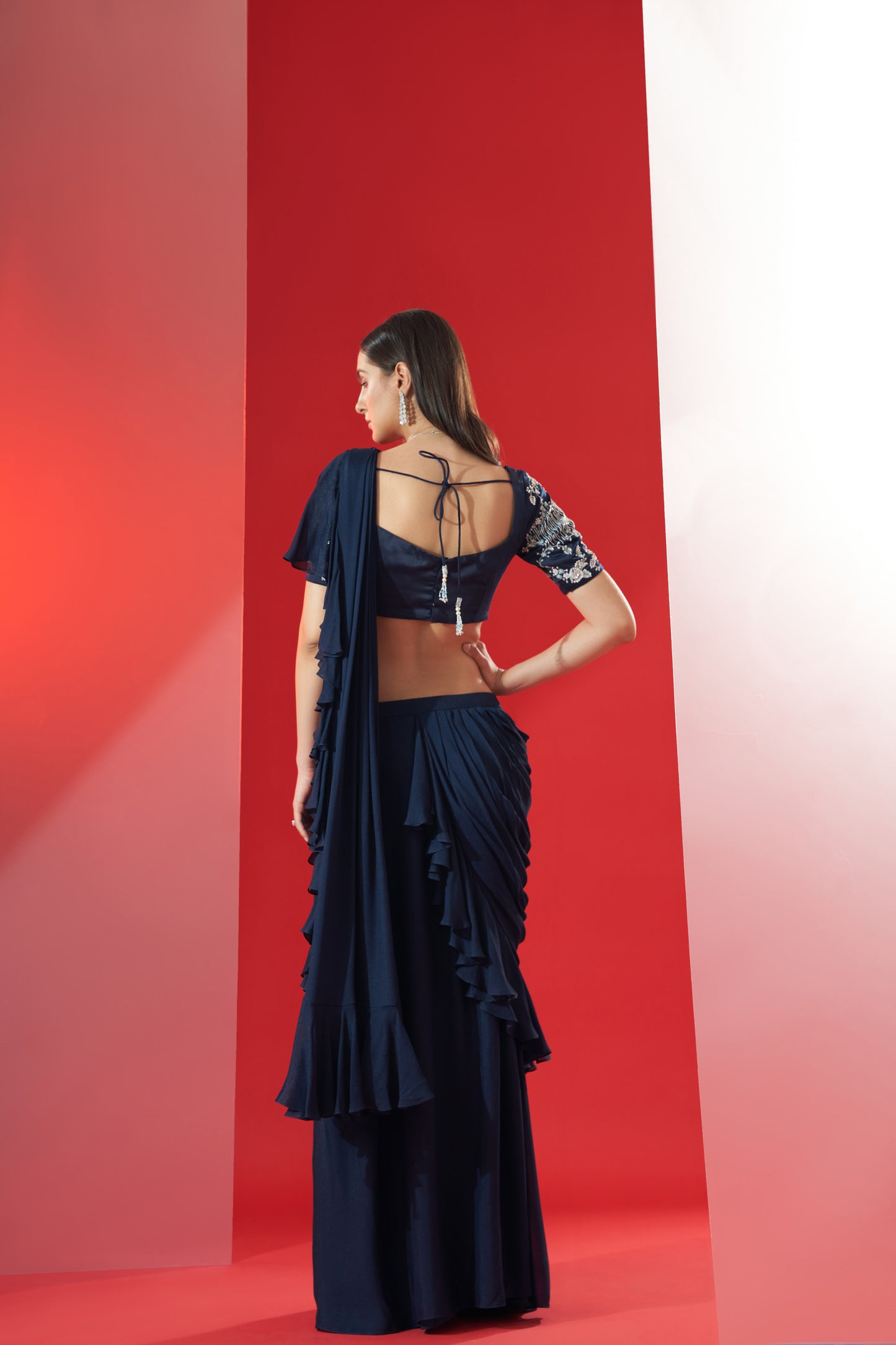 Blue pre drape ruffle saree