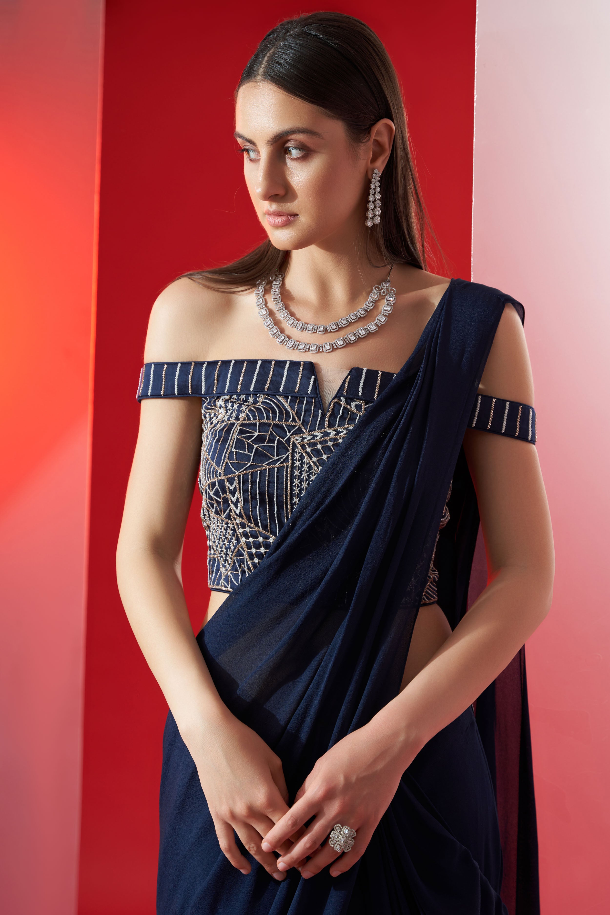 Blue off shoulder pre drape saree