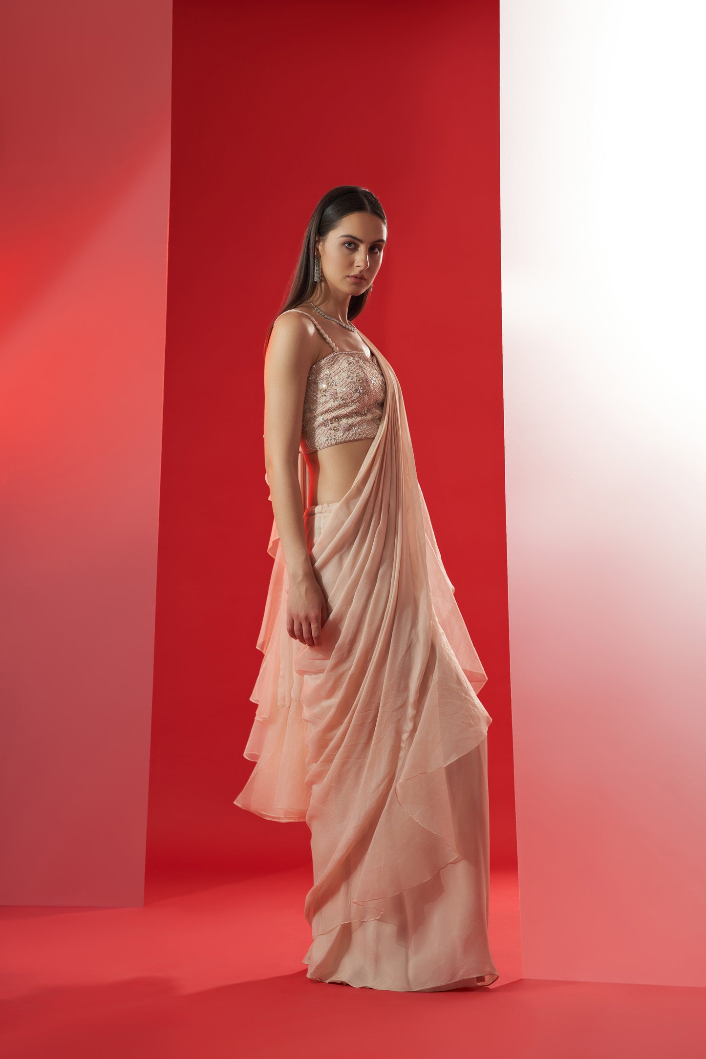 Nude pre drape ruffle saree