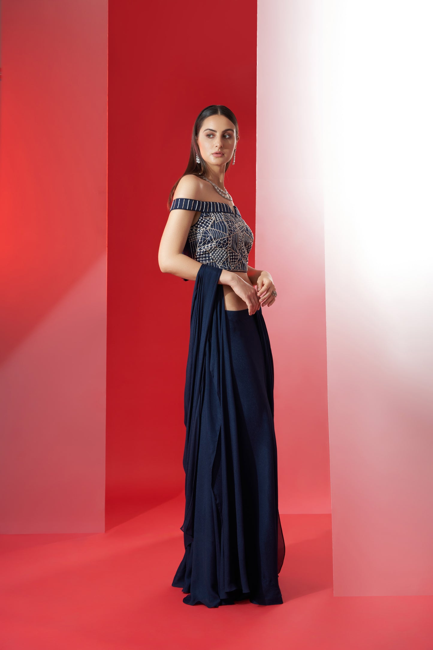 Blue off shoulder pre drape saree