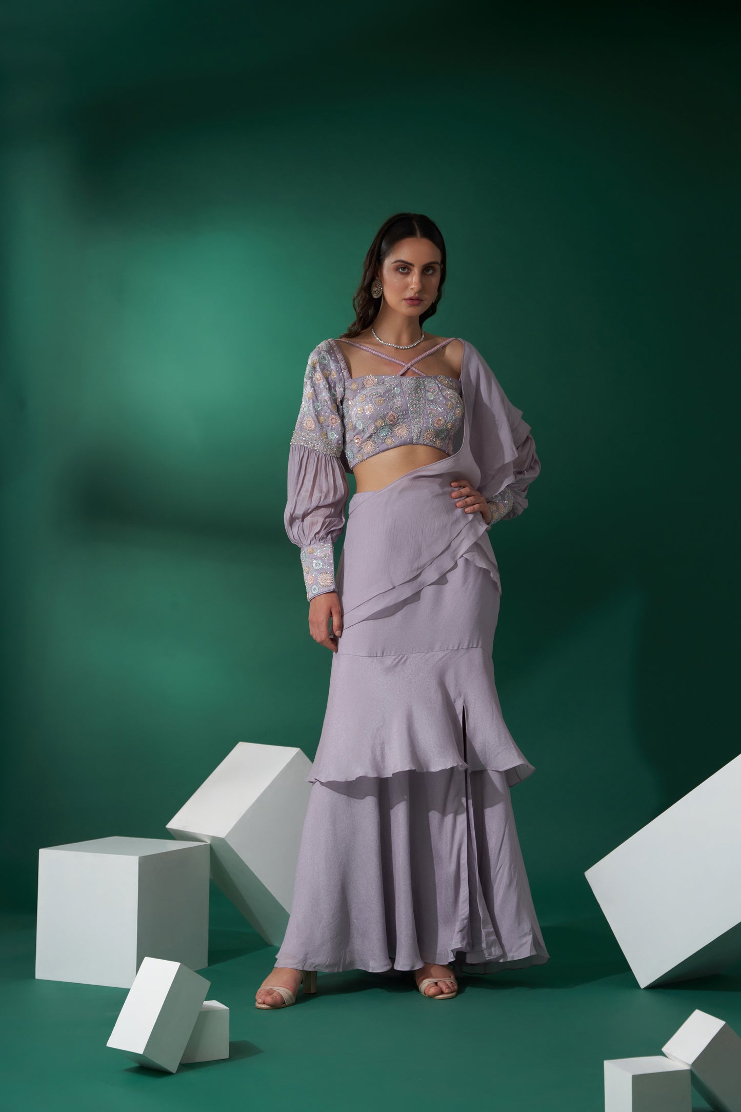 Lilac layer pre drape saree