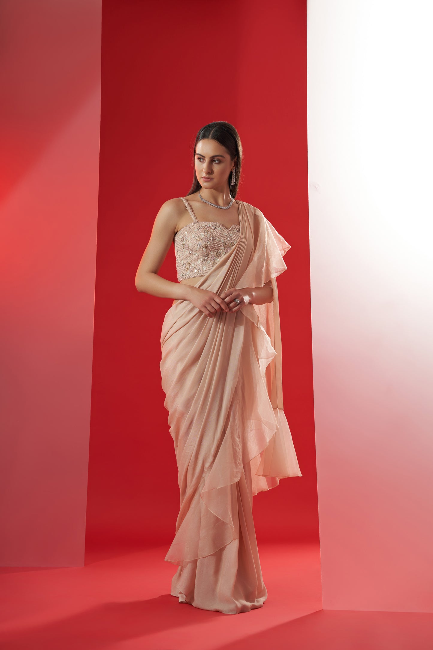 Nude pre drape ruffle saree