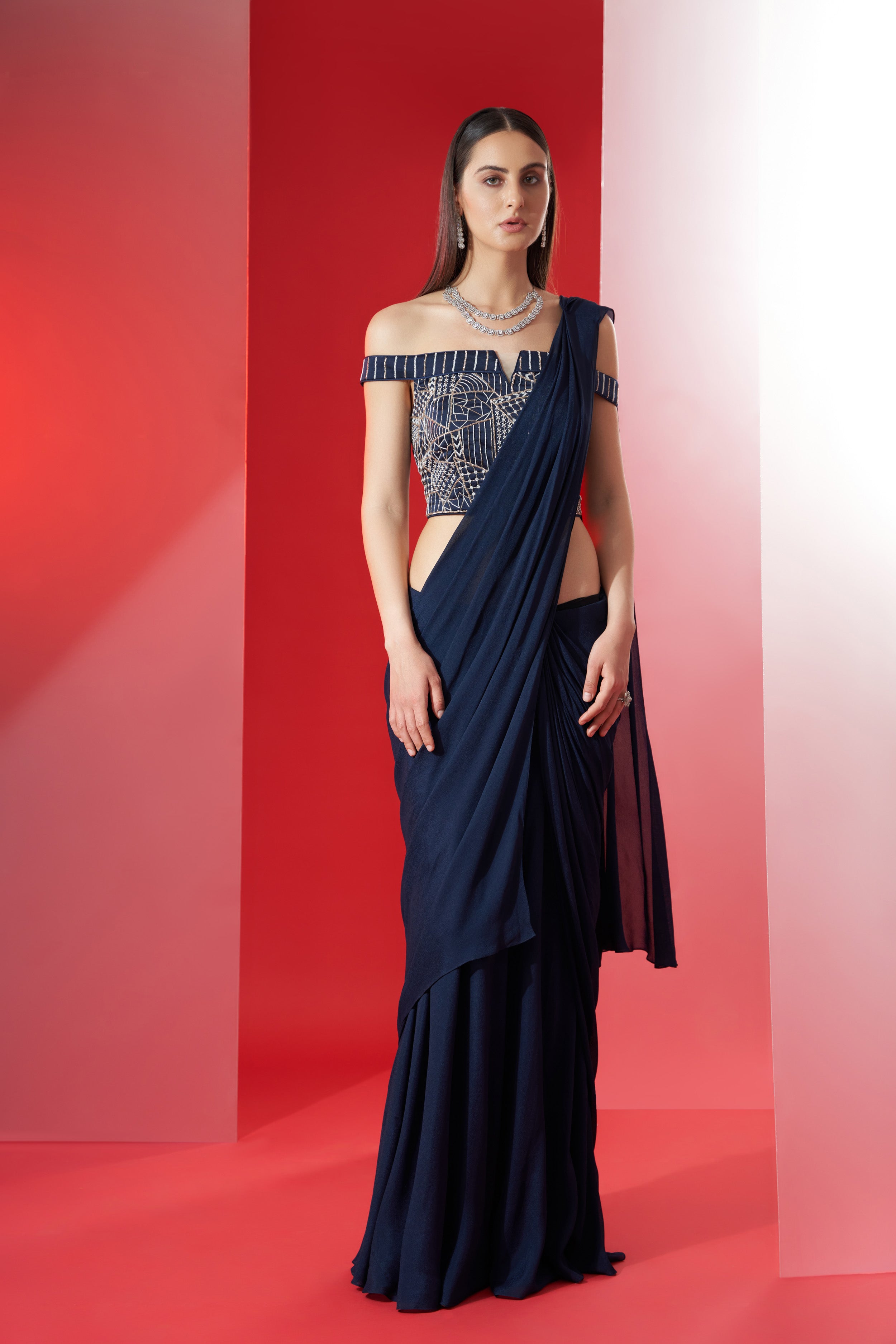 Blue off shoulder pre drape saree