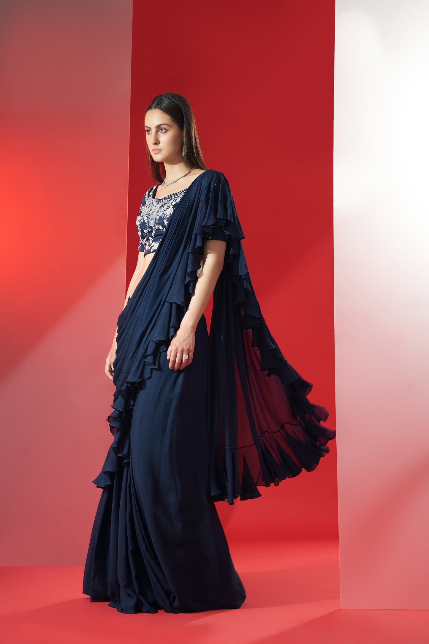 Blue pre drape ruffle saree