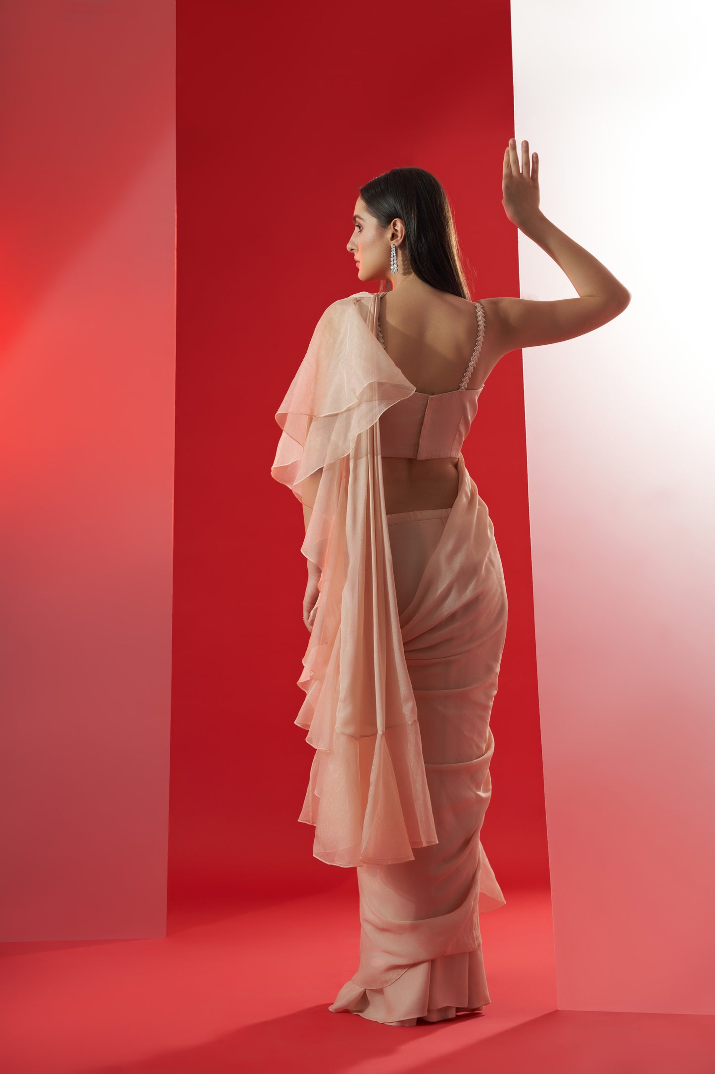 Nude pre drape ruffle saree