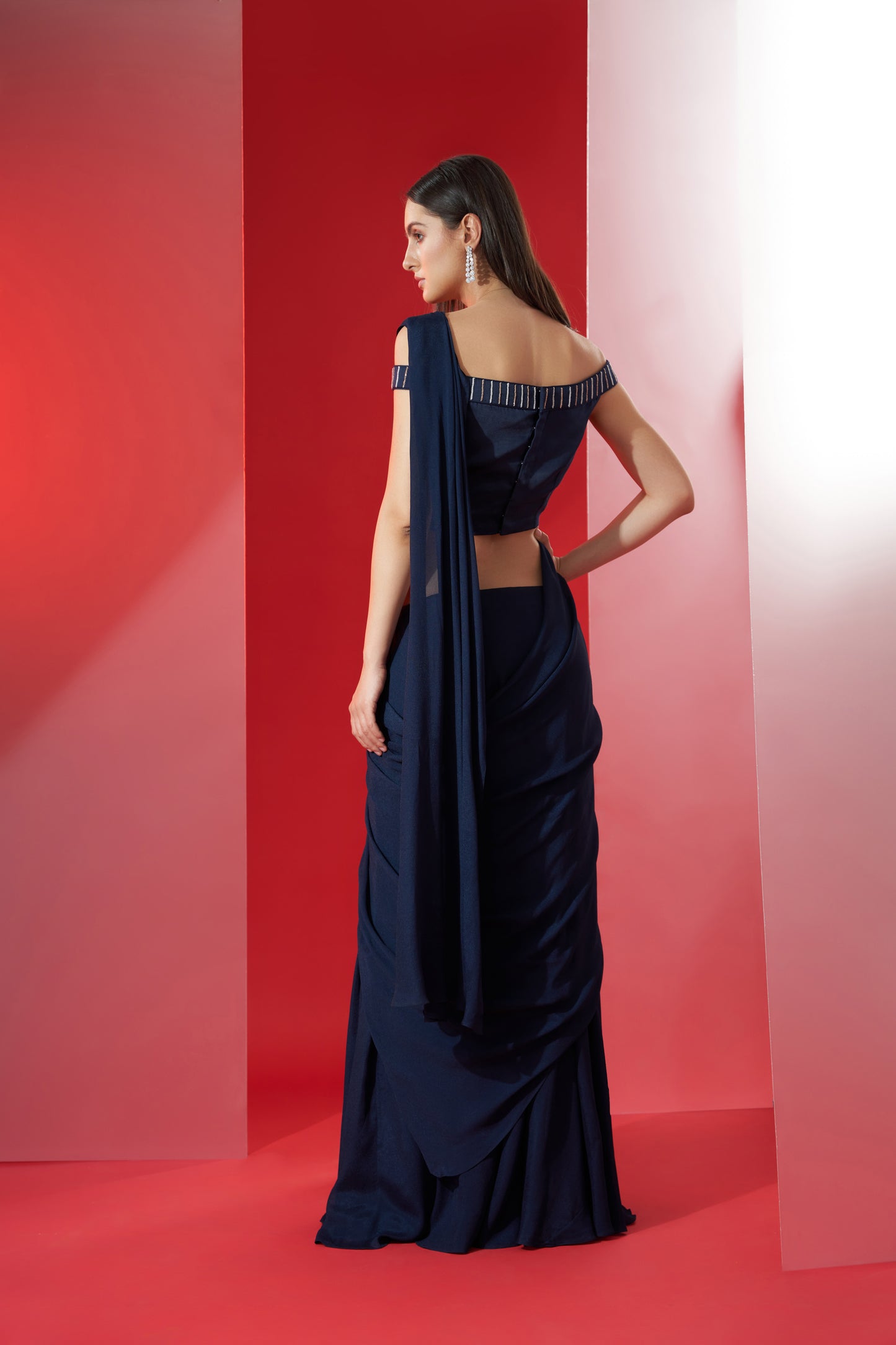 Blue off shoulder pre drape saree