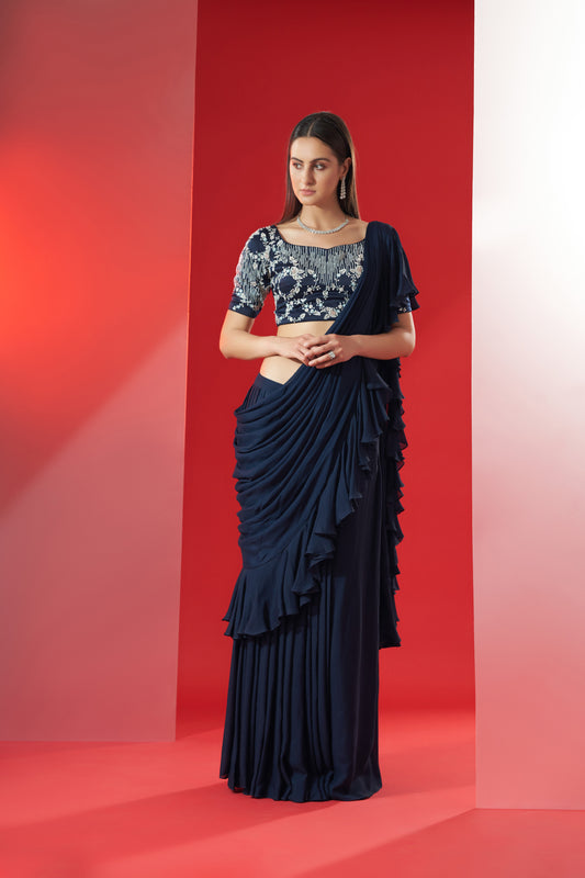 Blue pre drape ruffle saree