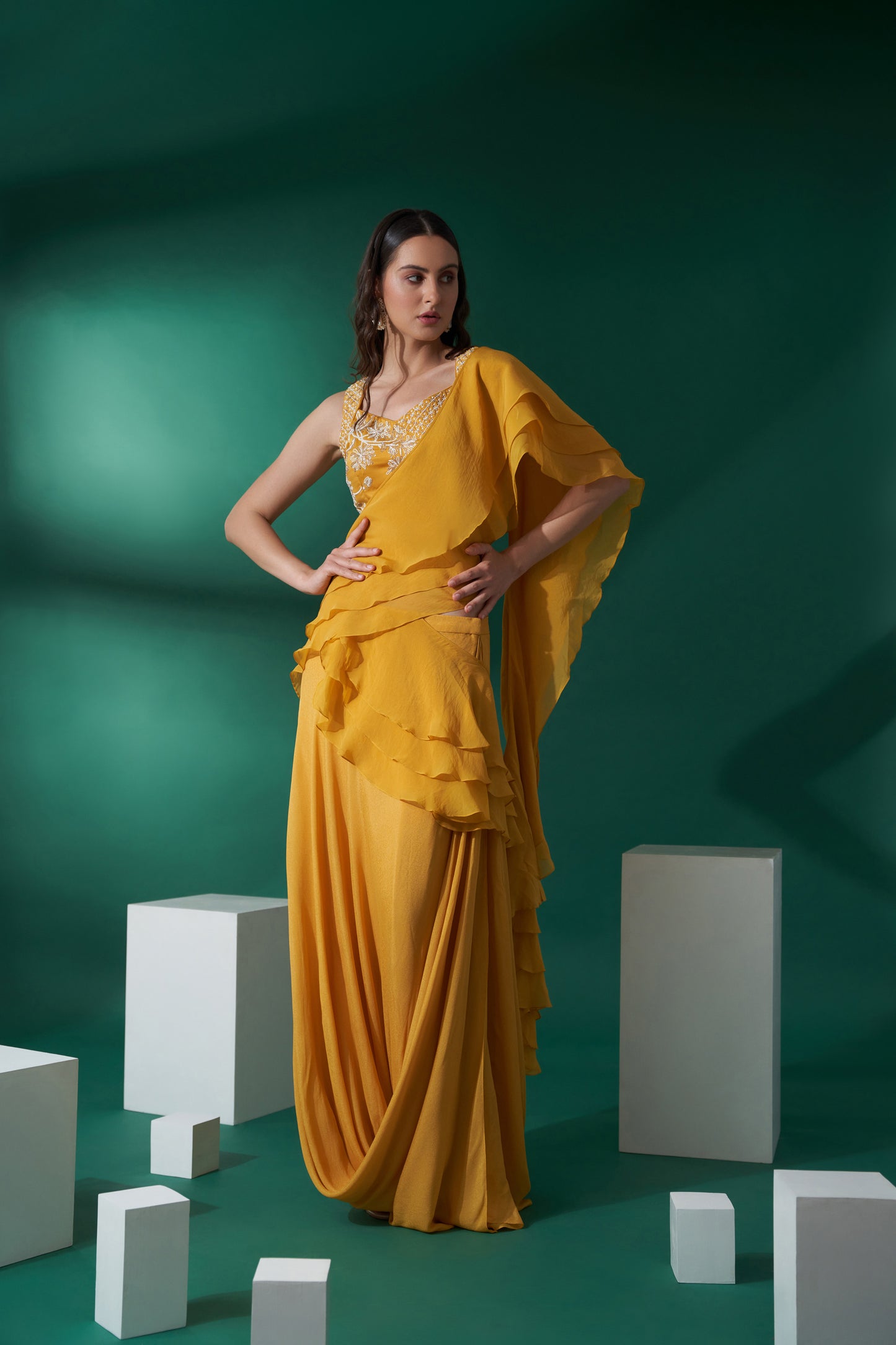 Yellow pre drape skirt saree