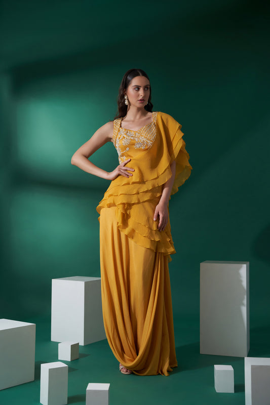 Yellow pre drape skirt saree