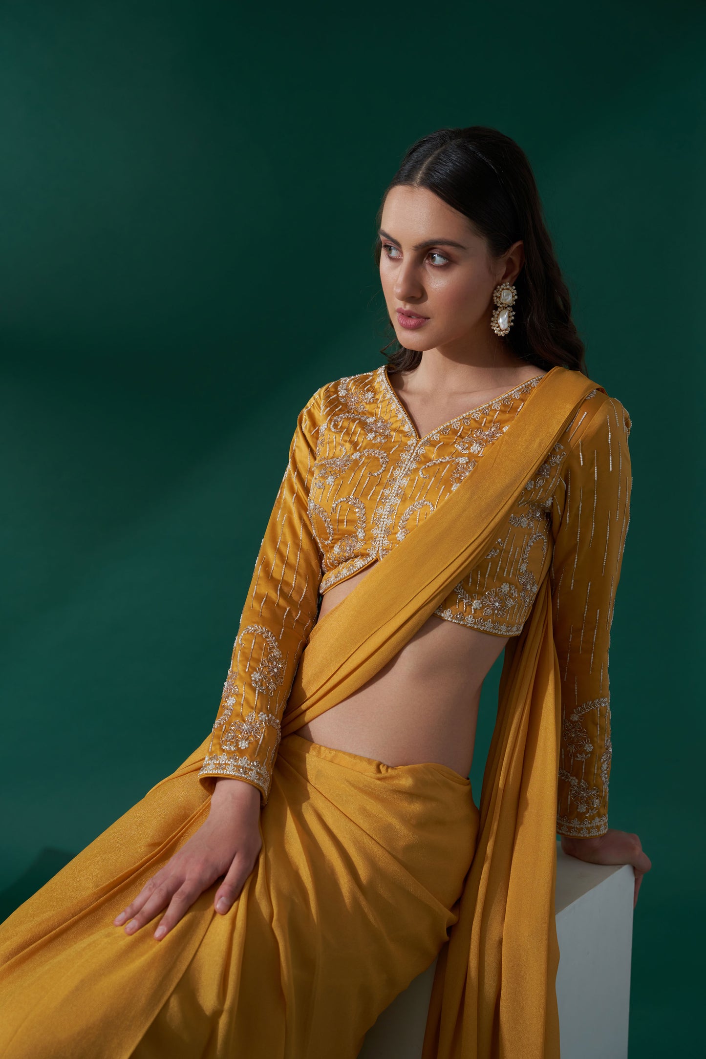 Yellow pre drape saree