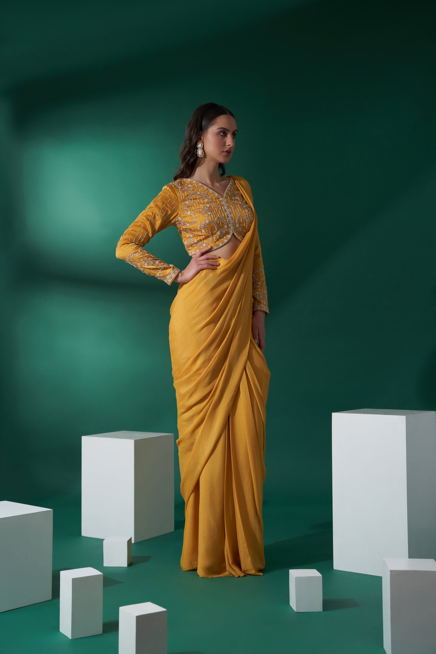 Yellow pre drape saree