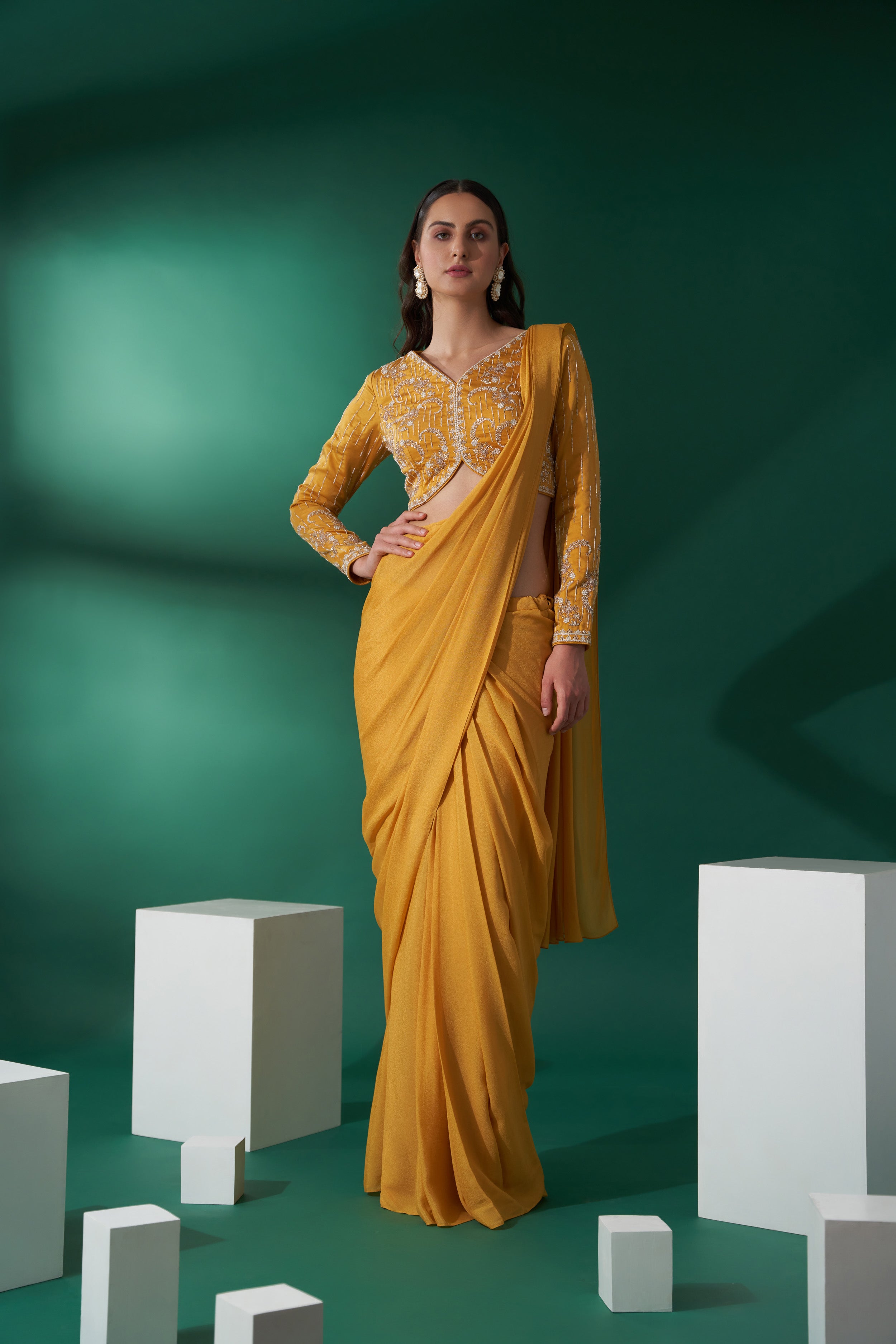 Yellow pre drape saree