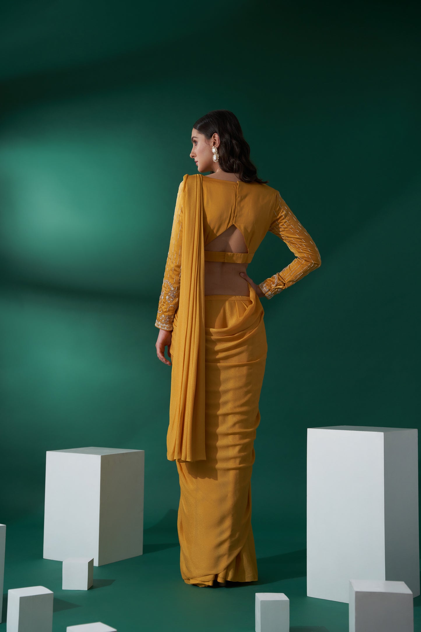 Yellow pre drape saree