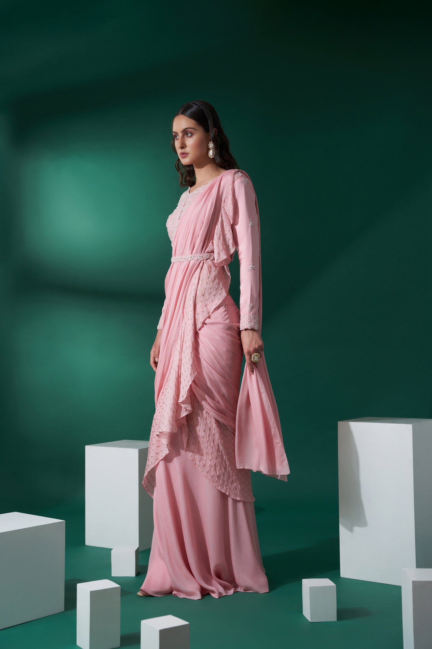 Pink pre drape ruffle saree