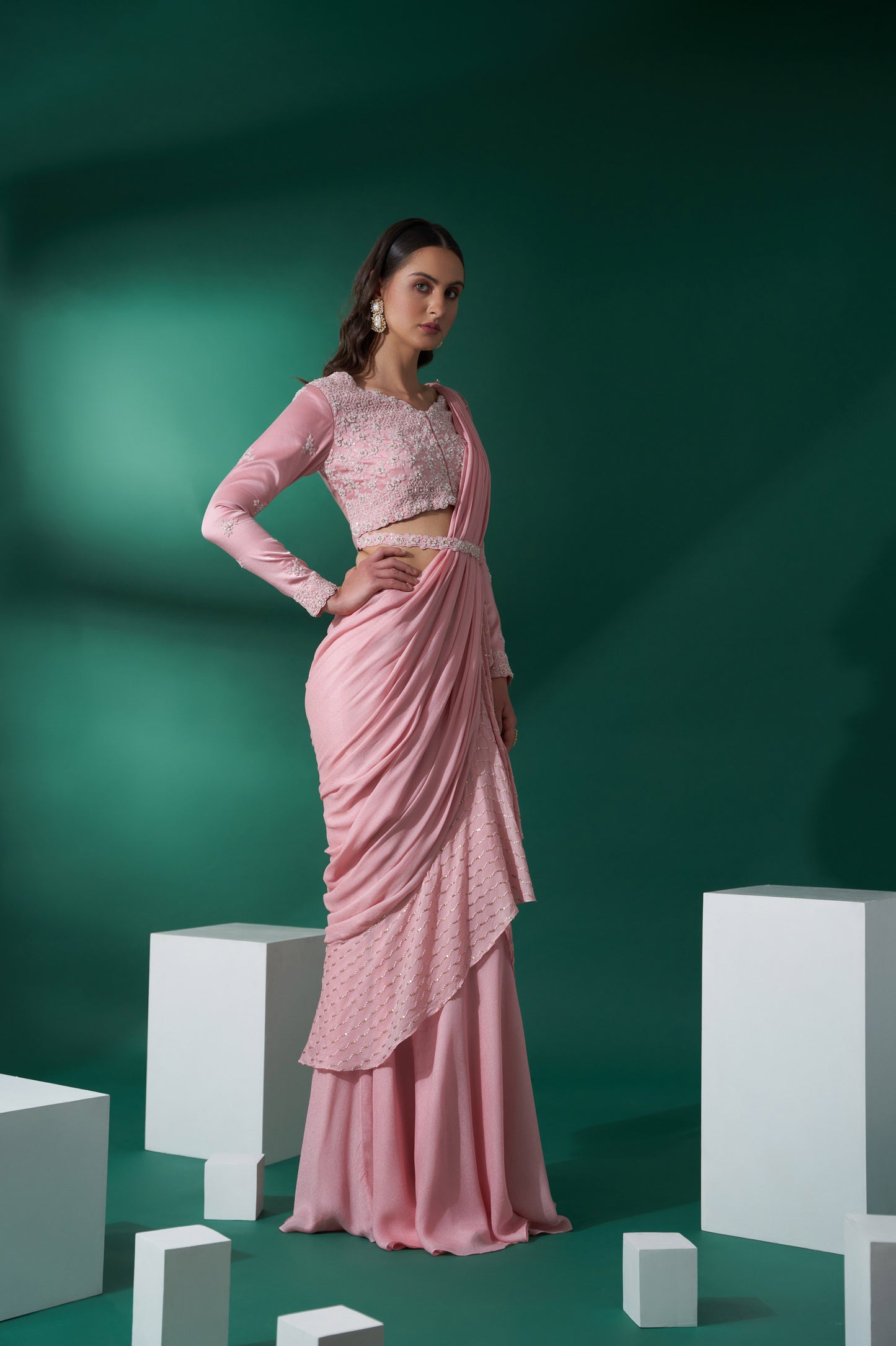 Pink pre drape ruffle saree