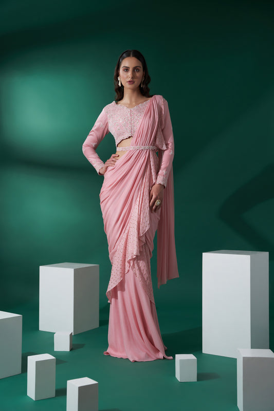 Pink pre drape ruffle saree