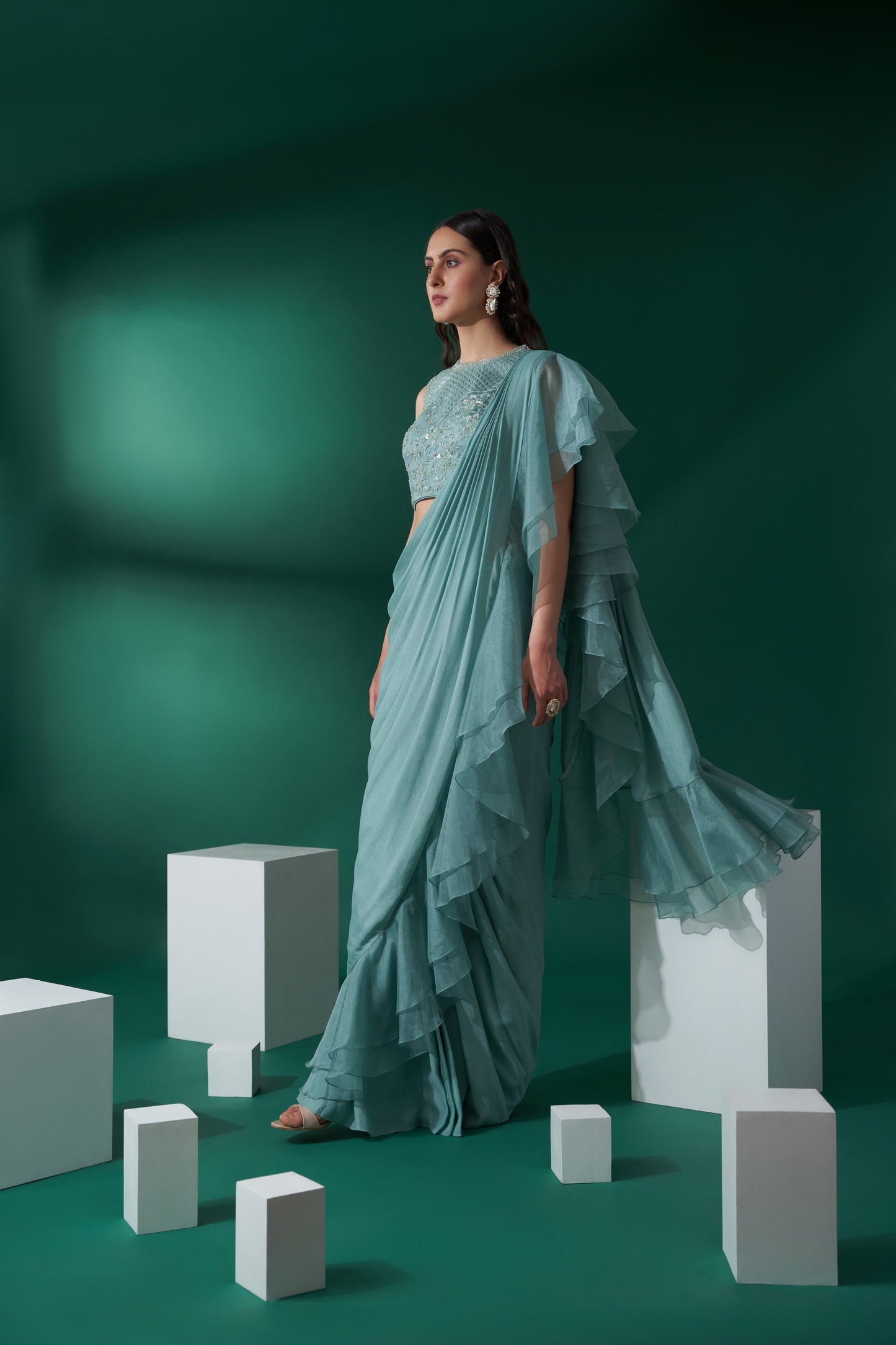 Green pre drape ruffle saree