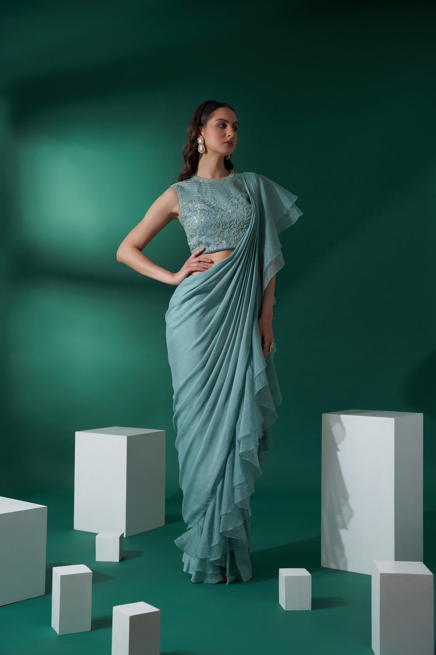 Green pre drape ruffle saree