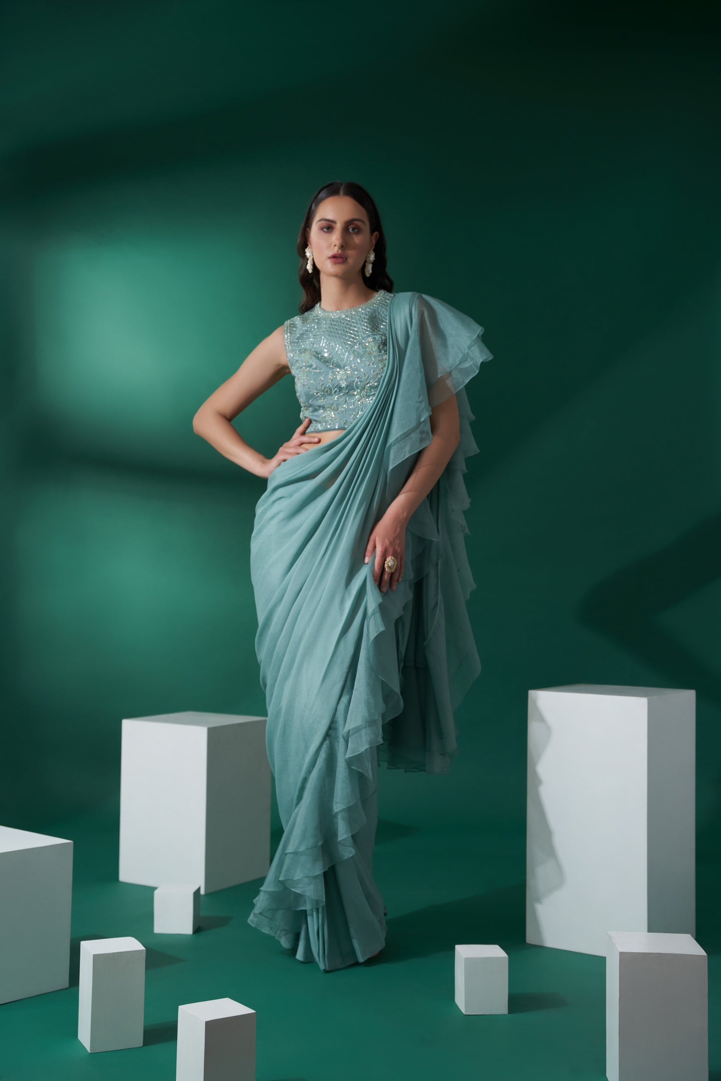 Green pre drape ruffle saree