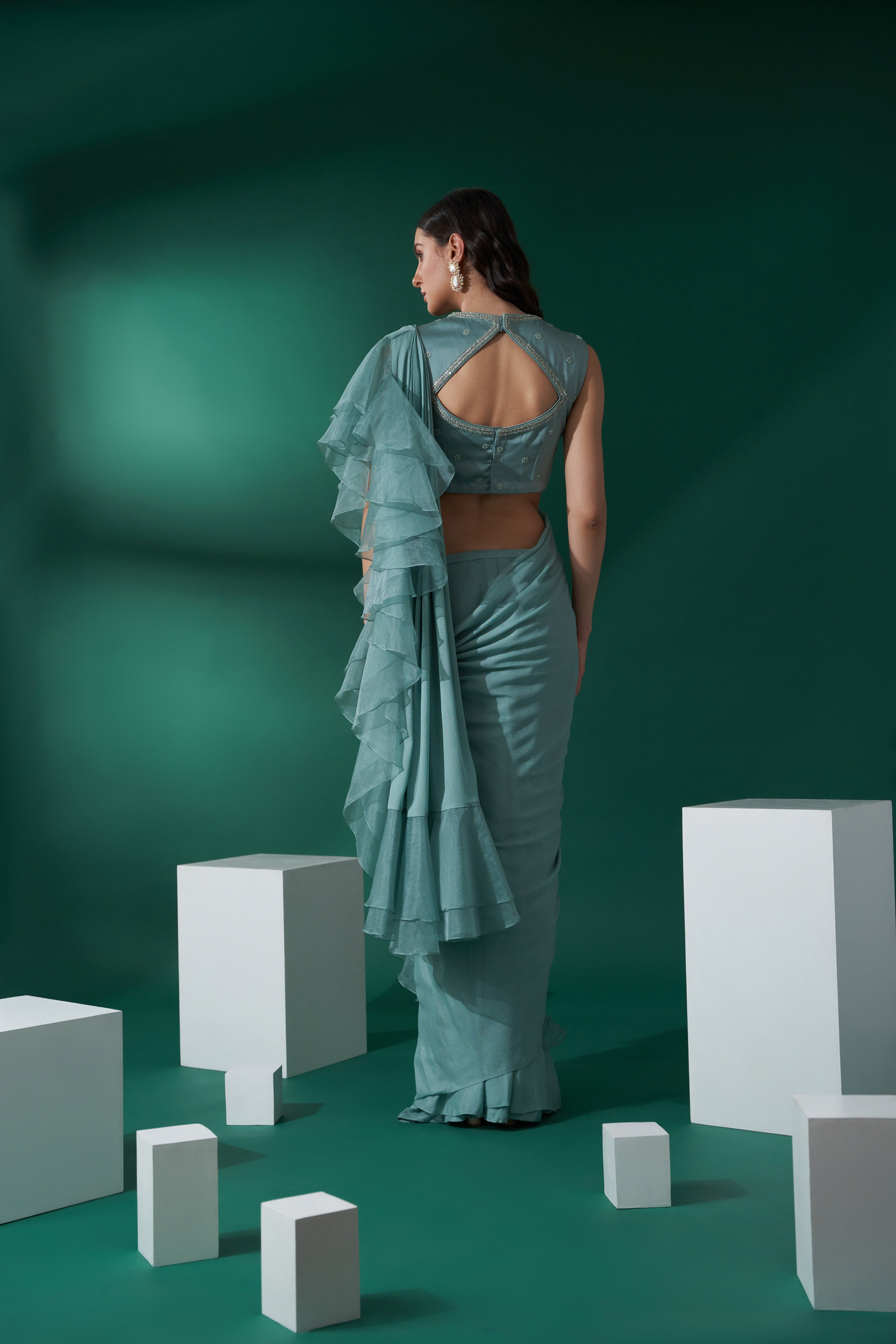 Green pre drape ruffle saree