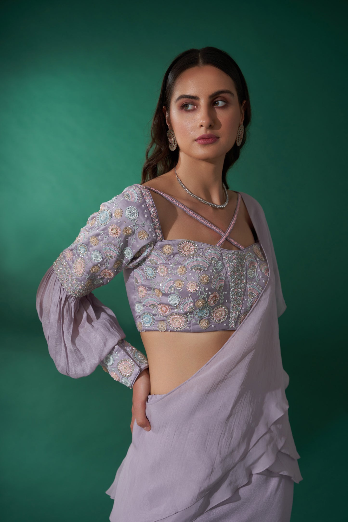 Lilac layer pre drape saree