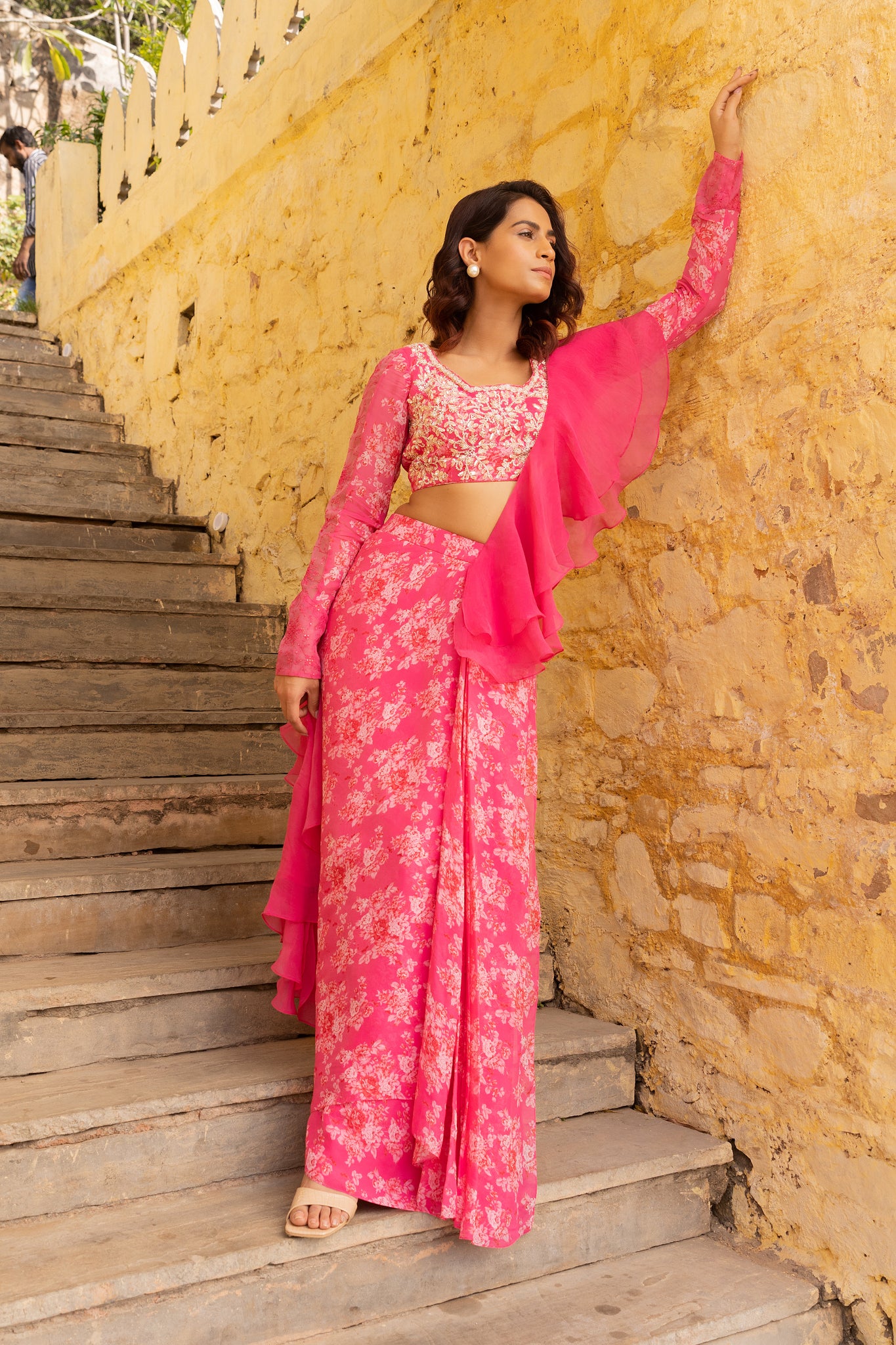 Bright pink ruffle saree