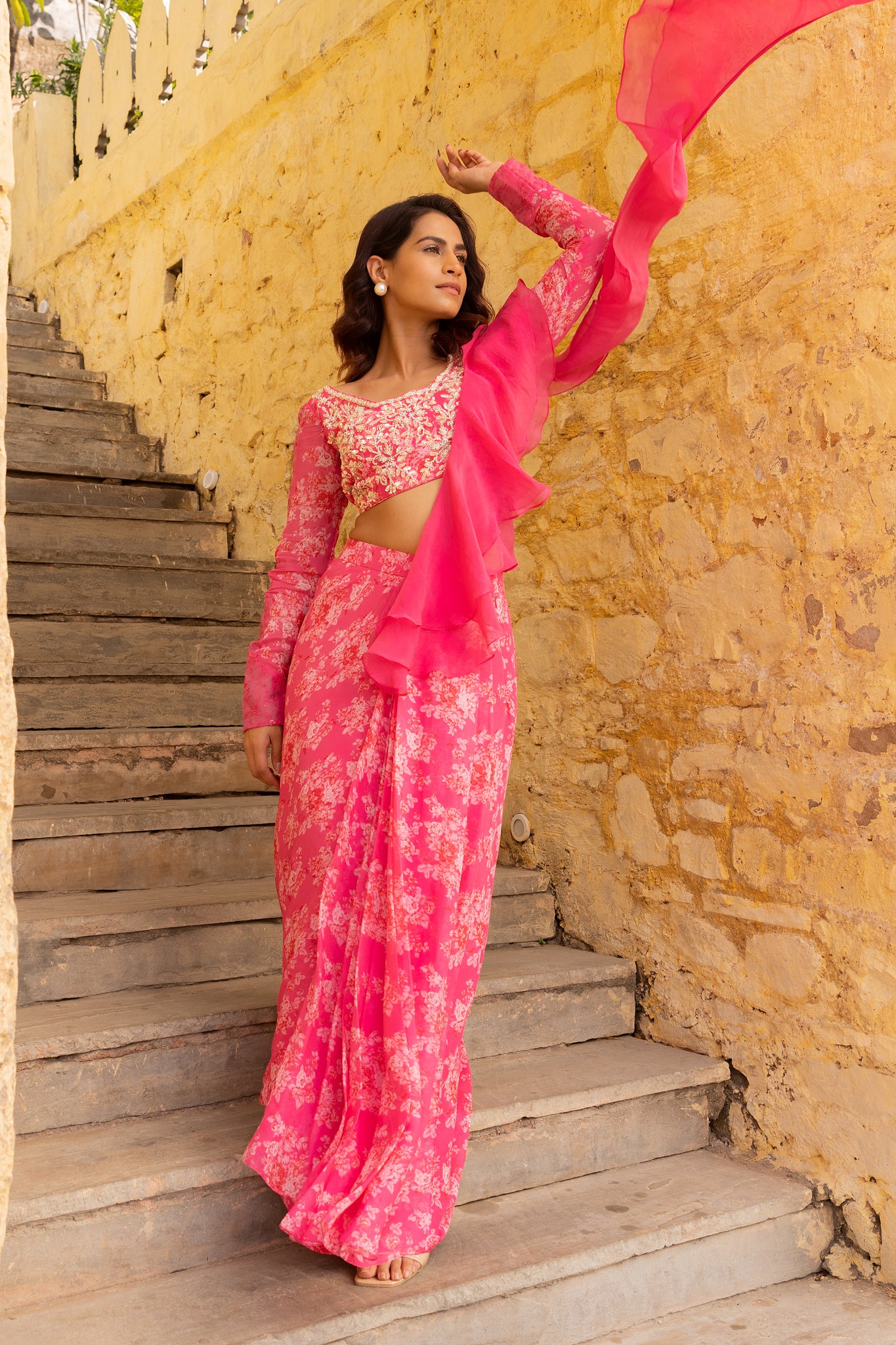 Bright pink ruffle saree