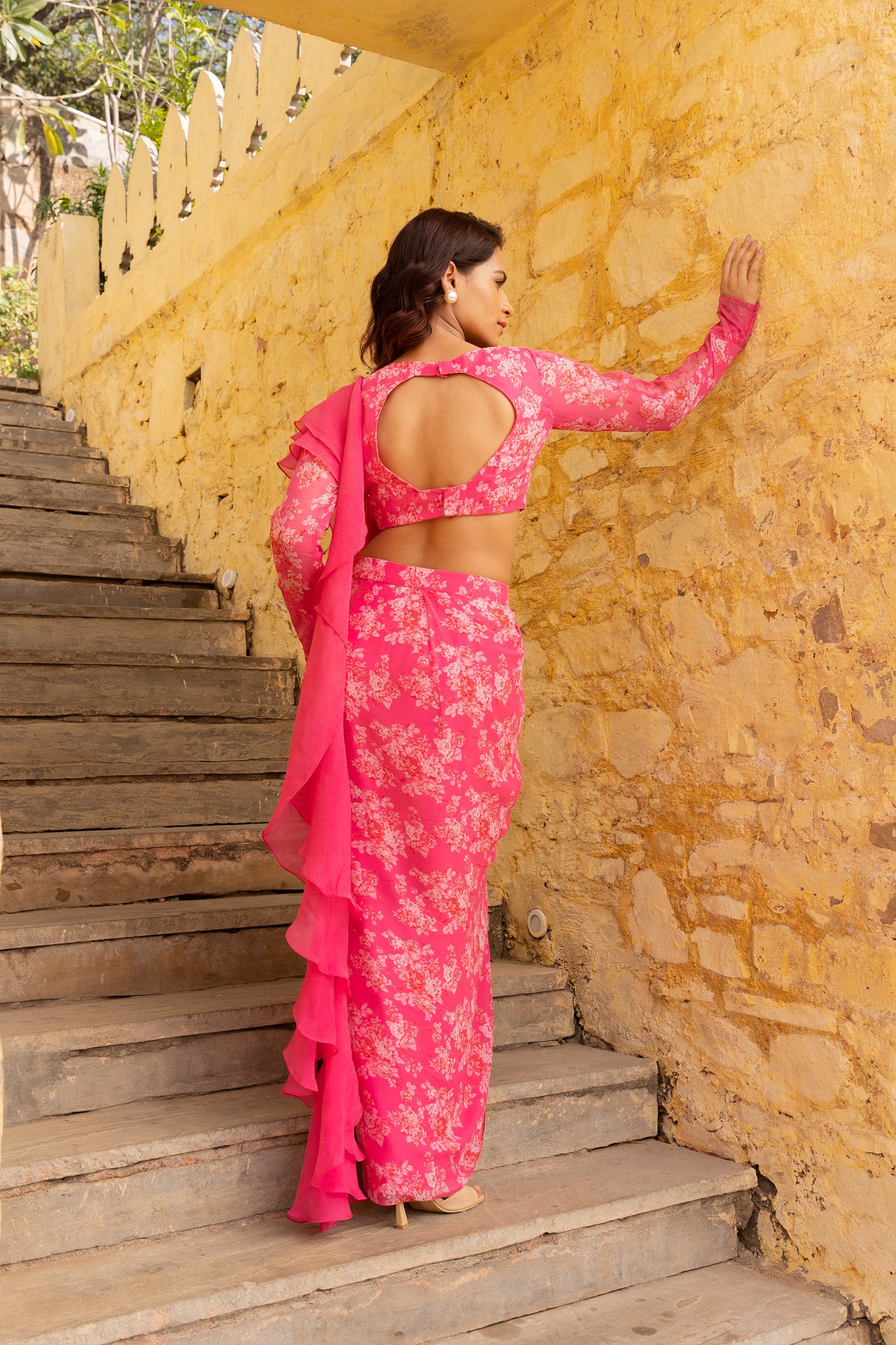 Bright pink ruffle saree