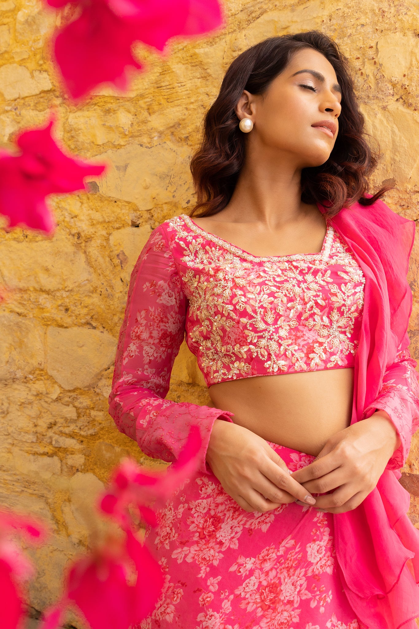 Bright pink ruffle saree