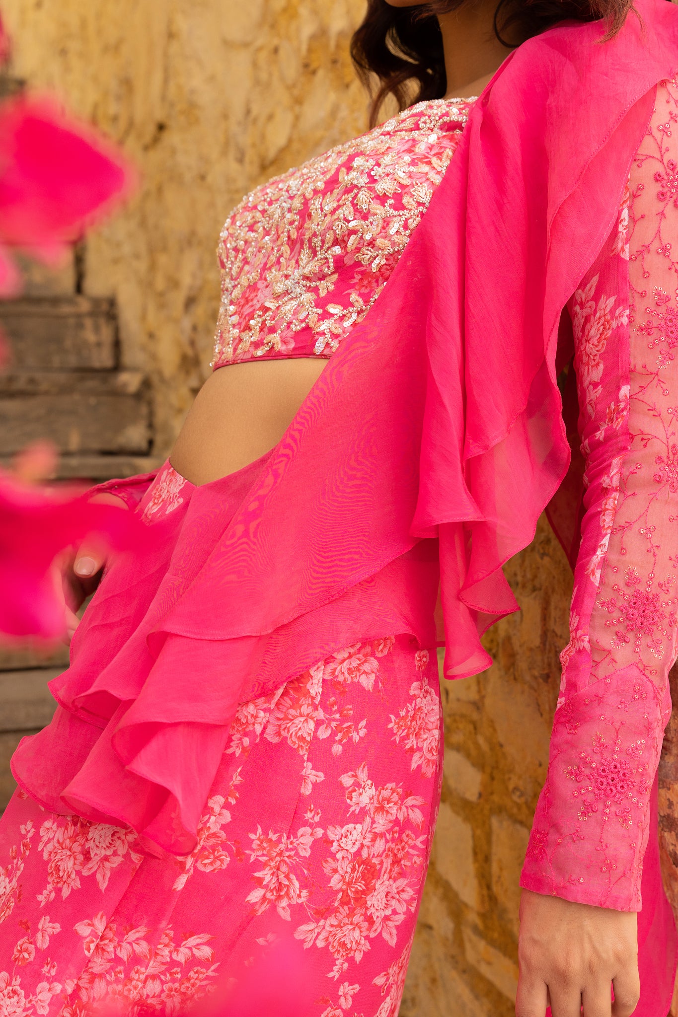 Bright pink ruffle saree
