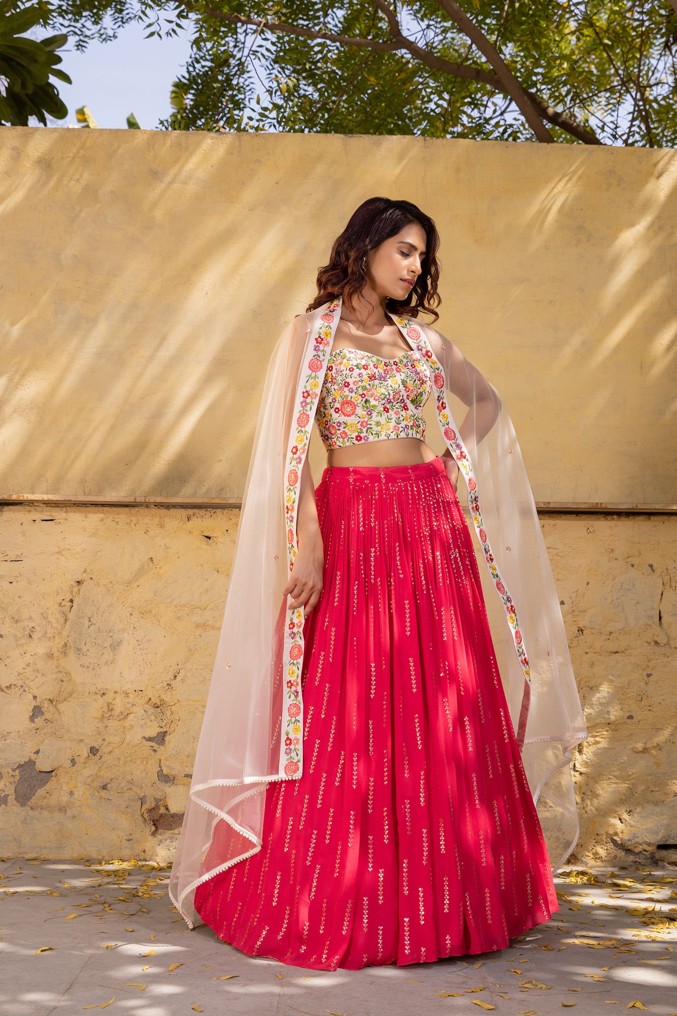 Colorful thread work bustier lehenga set