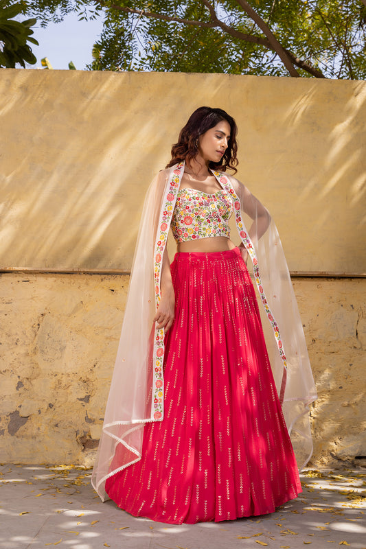 Colorful thread work bustier lehenga set