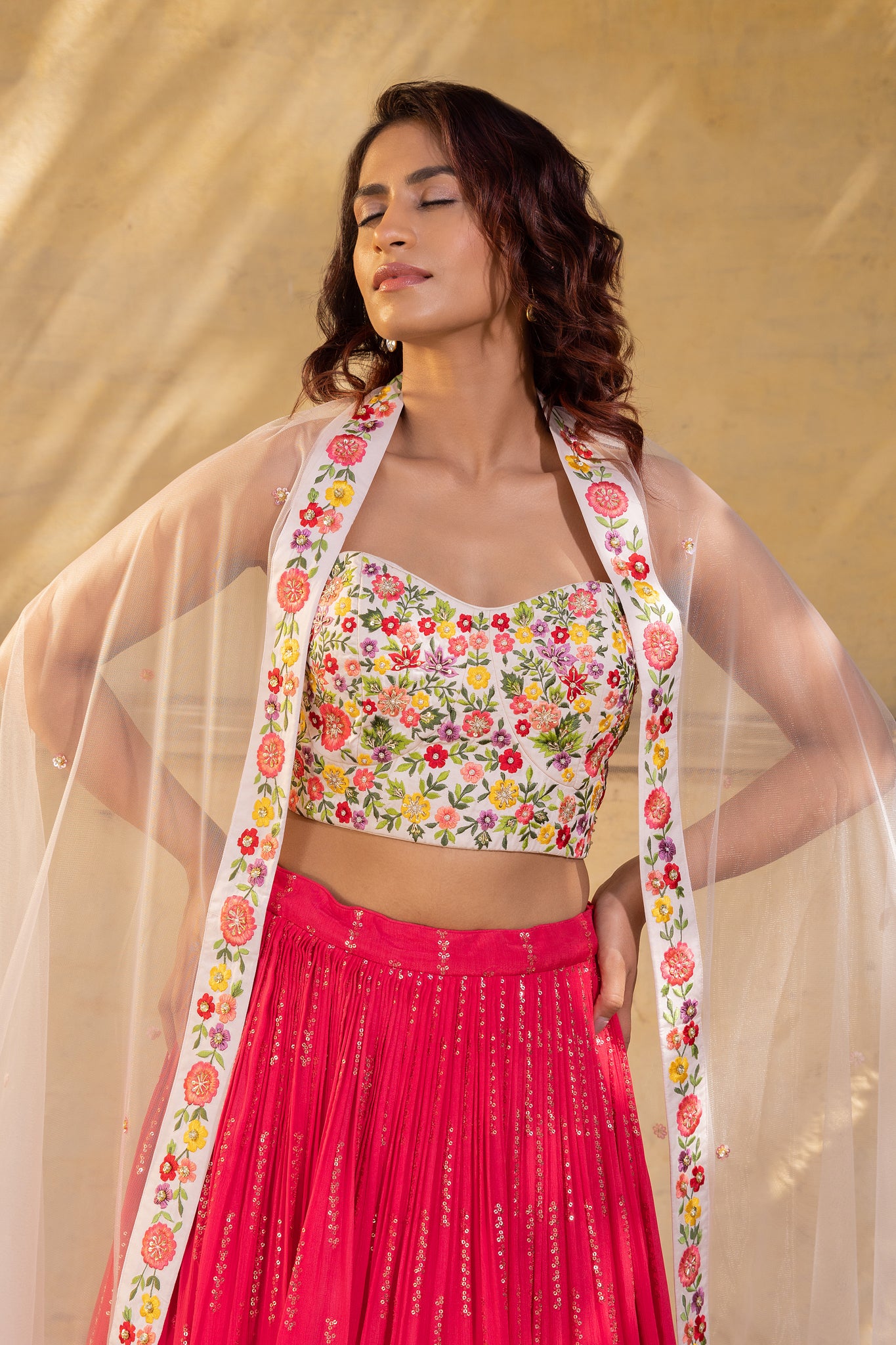 Colorful thread work bustier lehenga set