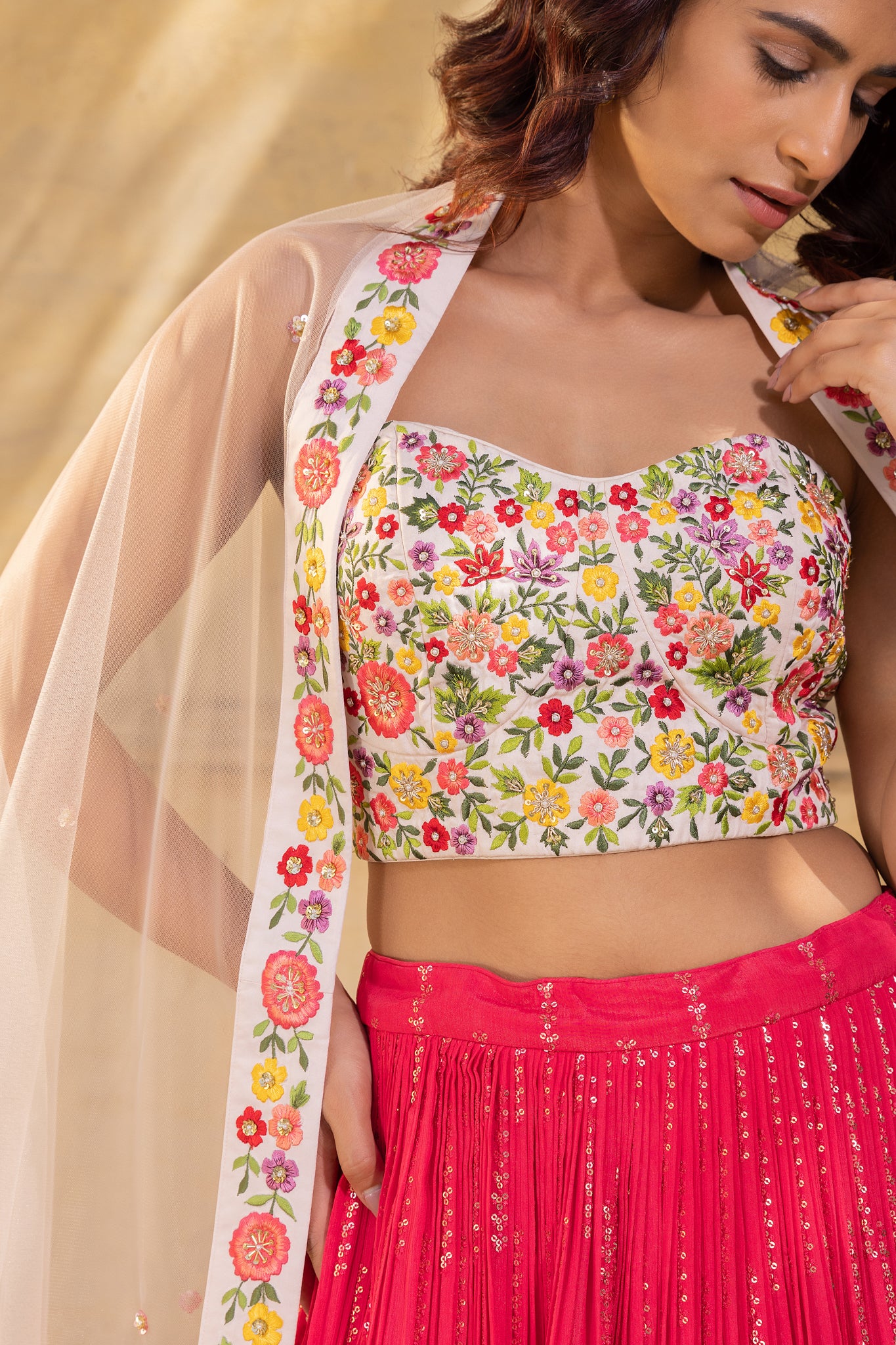 Colorful thread work bustier lehenga set