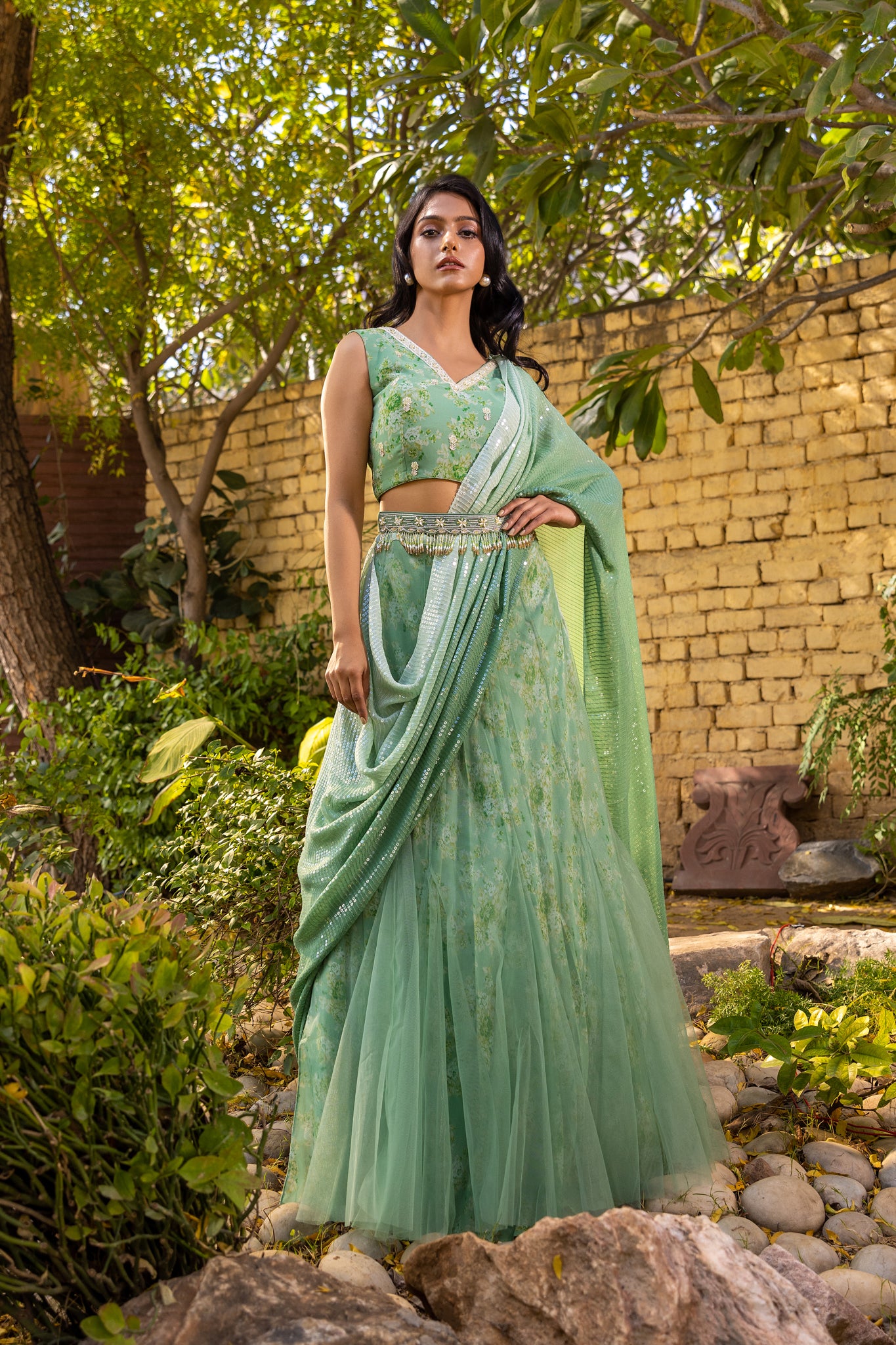 Green pre drape lehenga saree